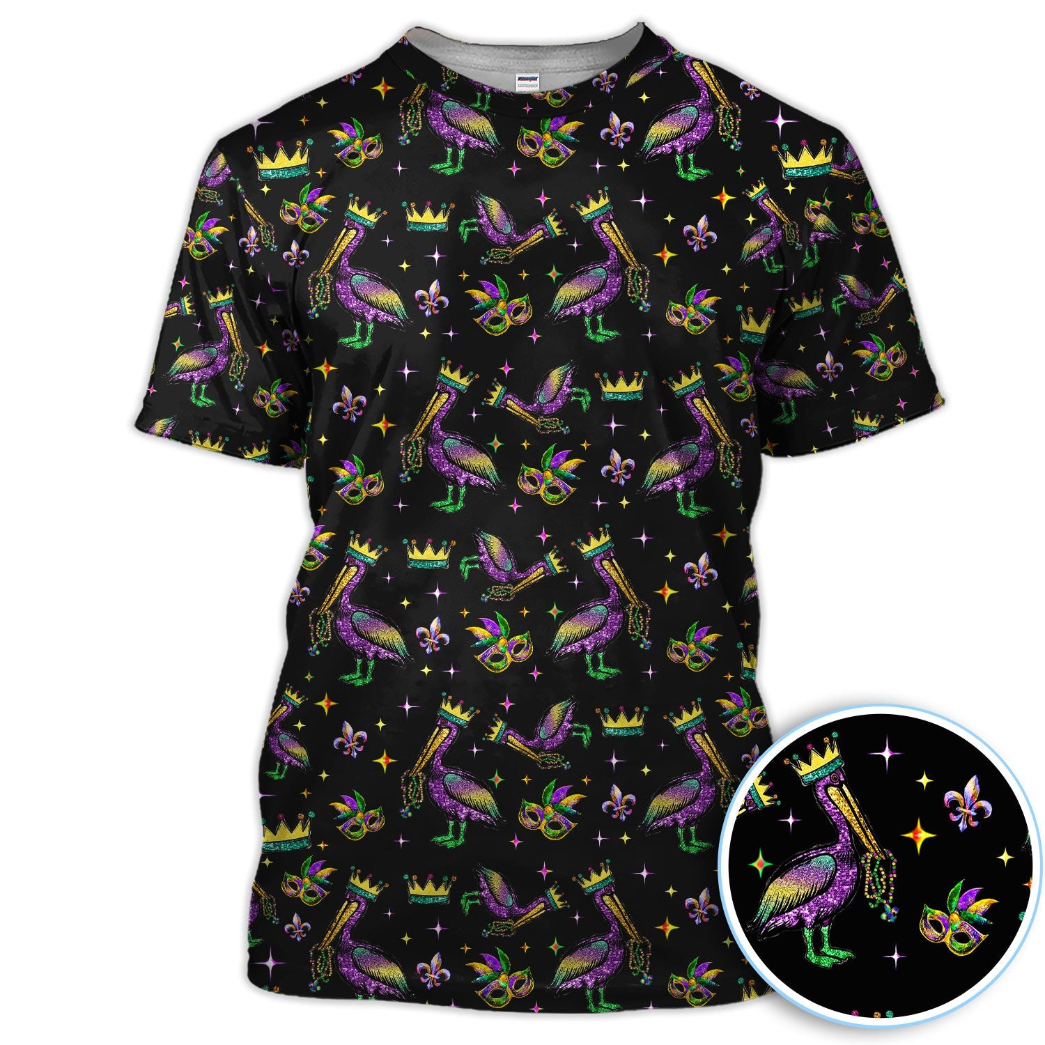 Mardi Gras Pelican Pattern Golf Polos, Funny Pelican Golf Shirt For Men, Crazy Golf Gift For Golfer