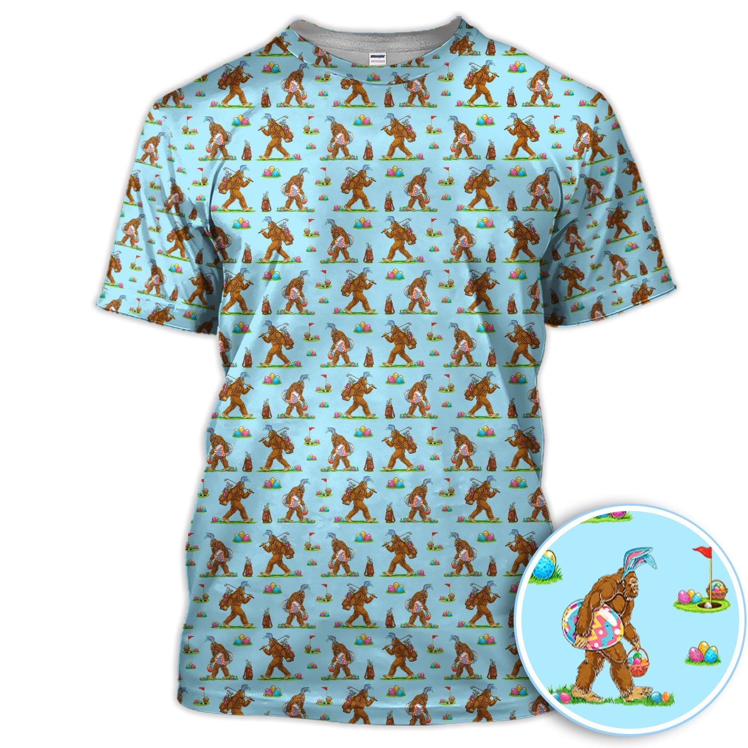 Bigfoot Easter Pattern Golf Polos, Bunny Sasquatch Golf Shirt For Men, Easter Day Shirt For Golfer