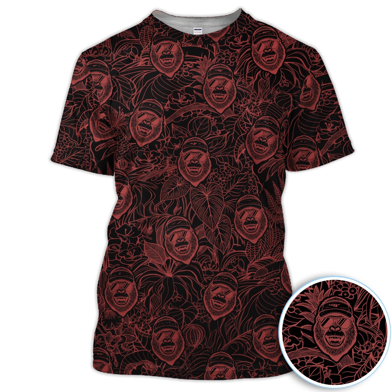 Bigfoot Red Neon Outline Polo Shirt For Men, Sasquatch Face All Over Print, Dark Cryptid Pattern Casual Golf Shirt
