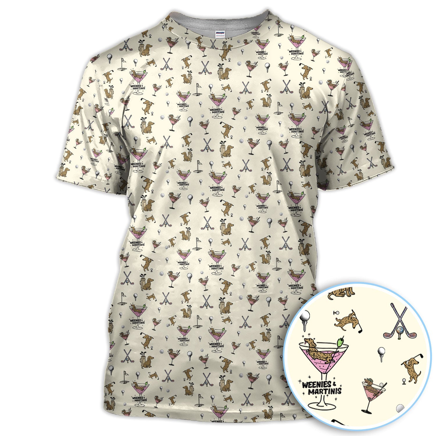 Funny Dachshund Golf Polos, Weenies Dog And Martinis Pattern Shirt For Men, Crazy Golf Shirt For Golfer
