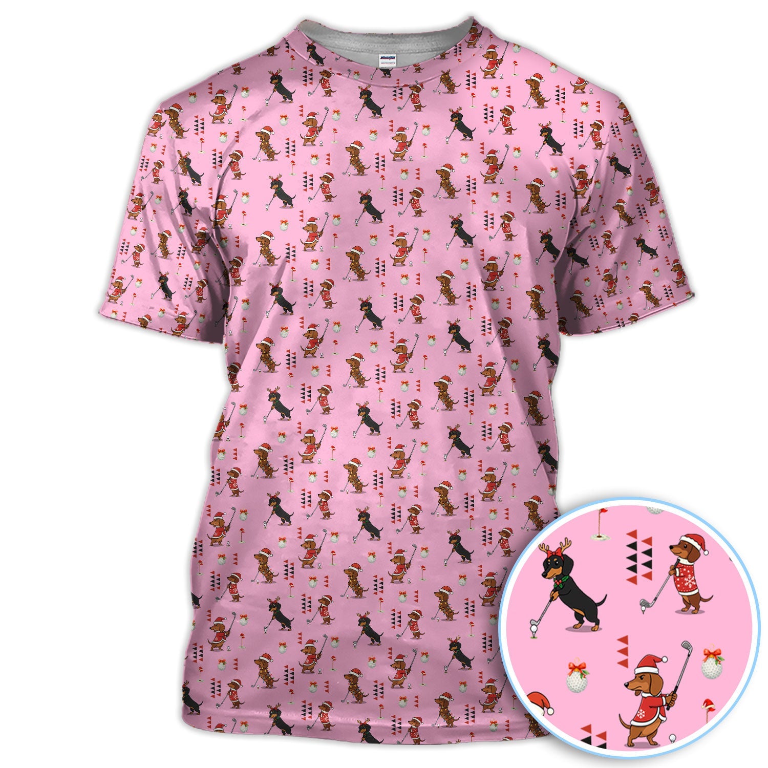 Christmas Dachshund Pattern Polos, Funny Xmas Wiener Dog Golf Shirt, Festive Golf Gift For Men