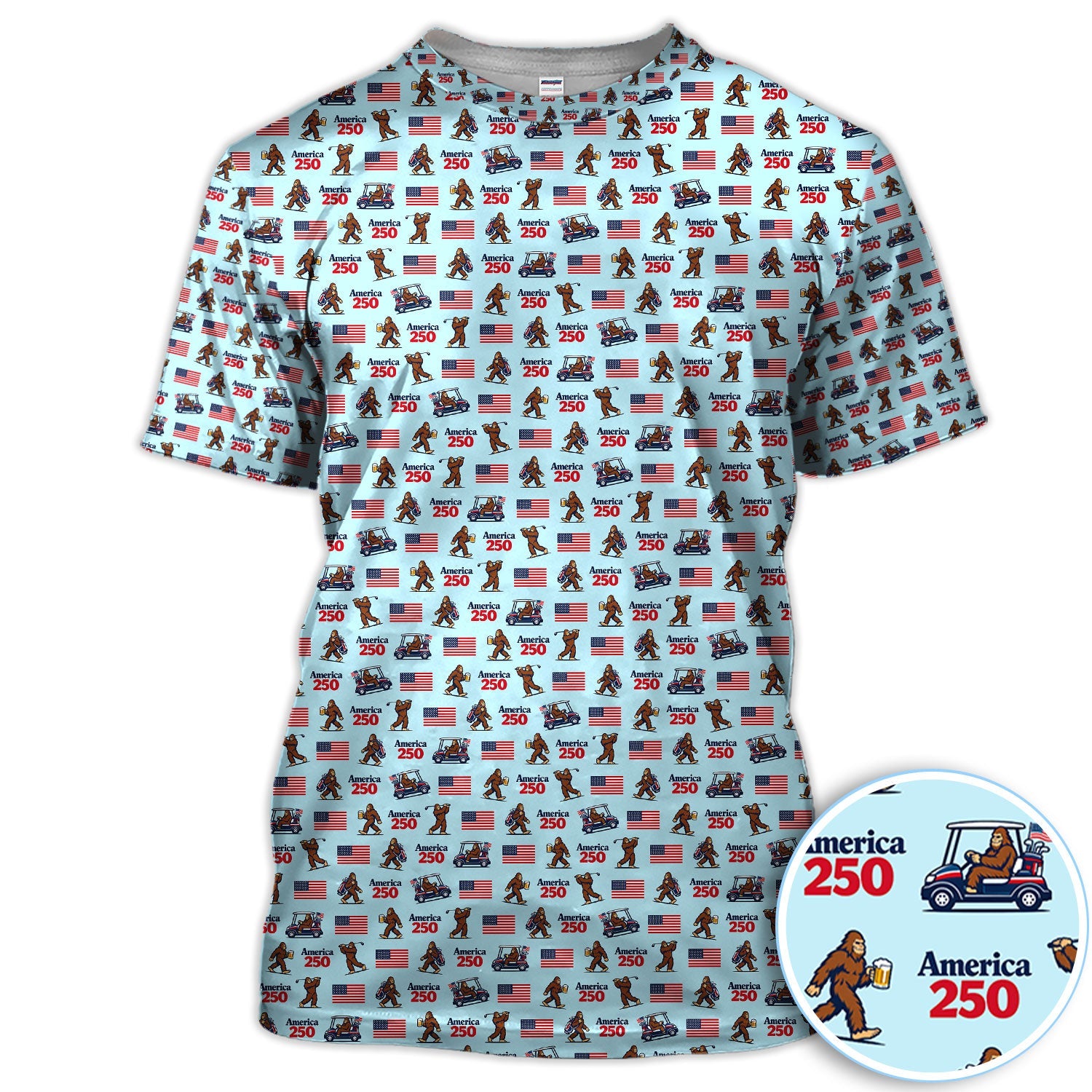 Bigfoot America 250 Pattern Golf Polos, Crazy Bigfoot Golf Shirt For Men, Funny Golf Shirt
