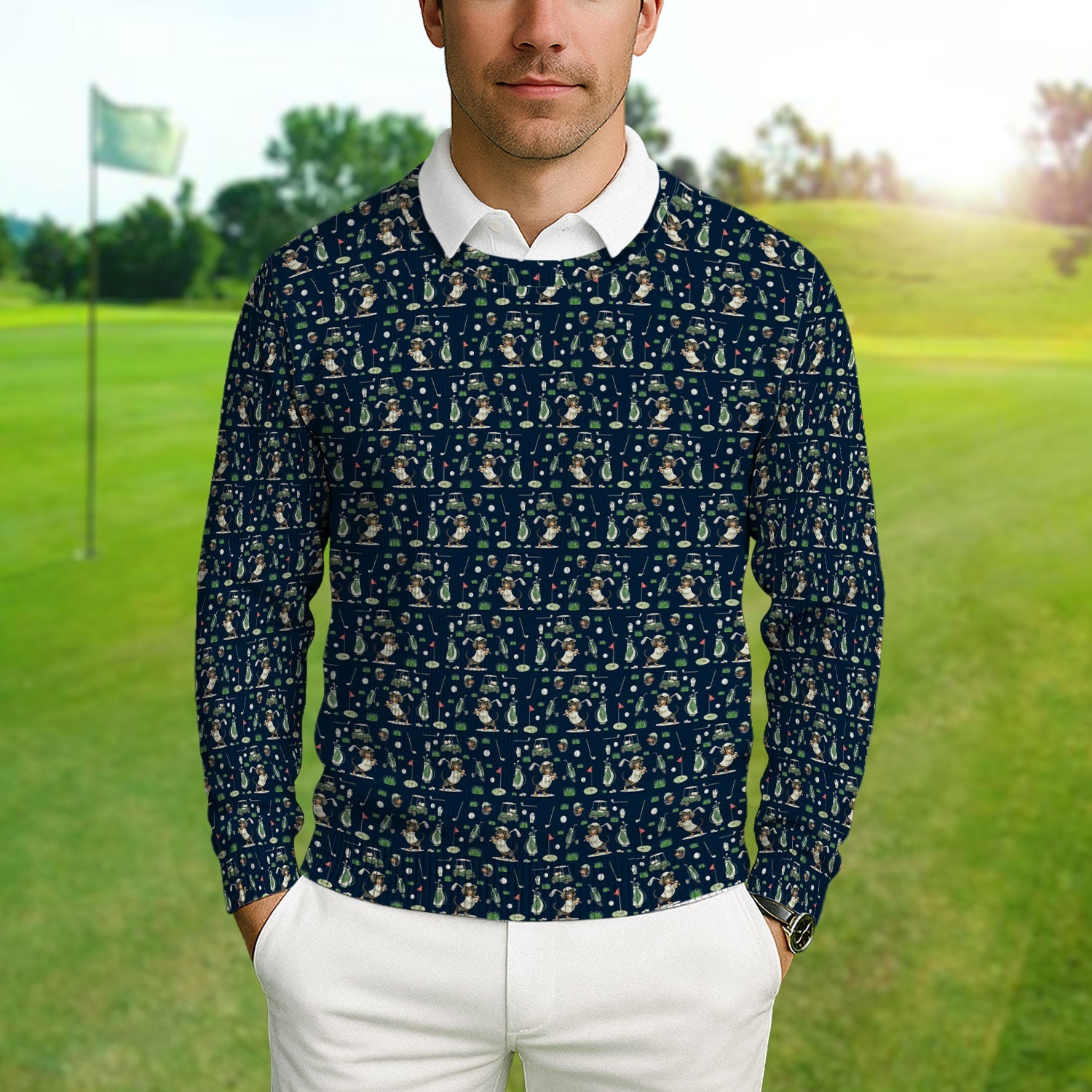 Funny Wiener Dog Golf Ugly Sweater, Dachshund Pattern Golf Sweater, Crazy Golf Gift For Men