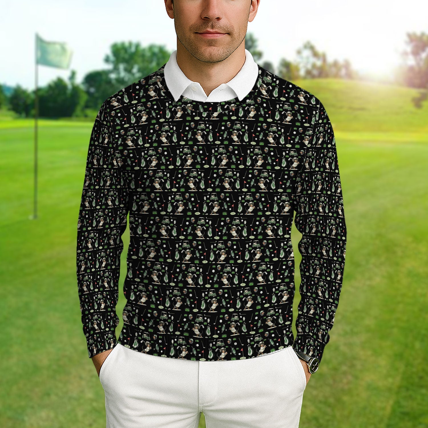 Funny Wiener Dog Golf Ugly Sweater, Dachshund Pattern Golf Sweater, Crazy Golf Gift For Men
