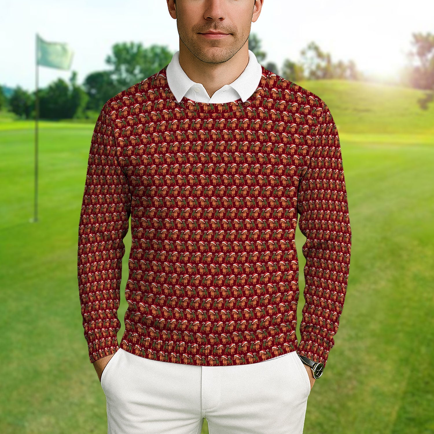 Funny Christmas Dachshund Ugly Sweater, Wiener Dog Pattern Xmas Sweater, Holiday Golf Gift For Men