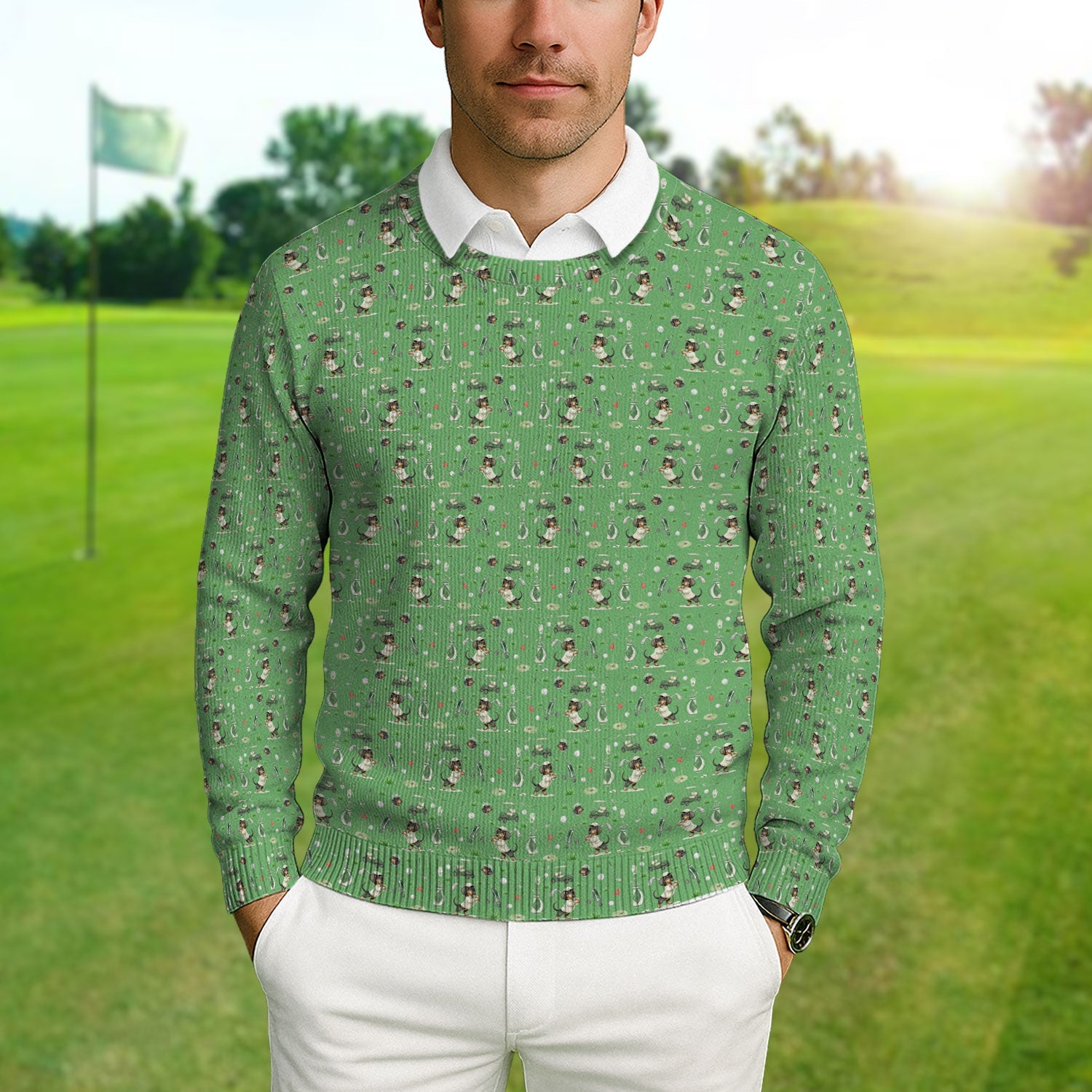 Funny Wiener Dog Golf Ugly Sweater, Dachshund Pattern Golf Sweater, Crazy Golf Gift For Men