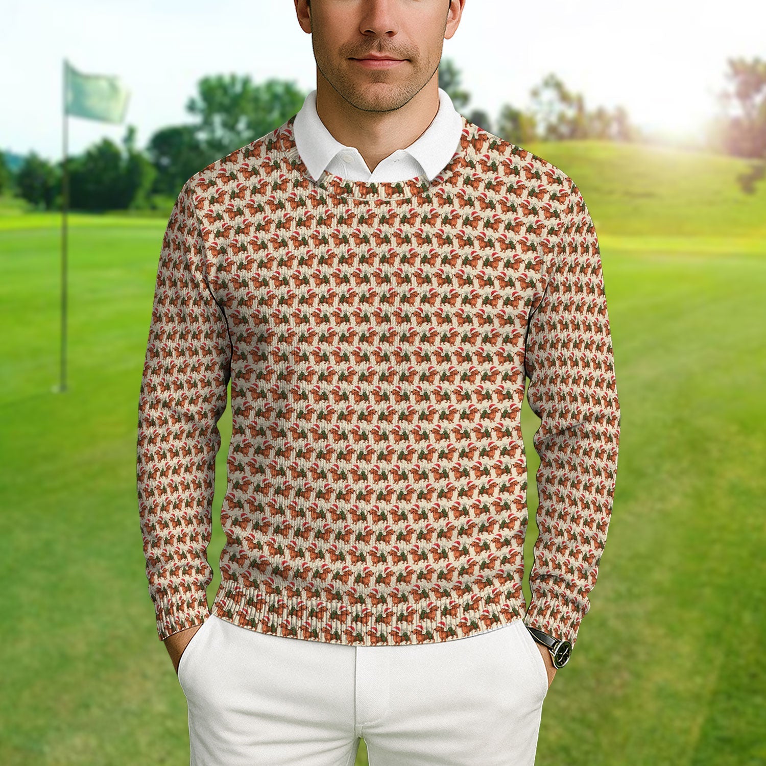 Funny Christmas Dachshund Ugly Sweater, Wiener Dog Pattern Xmas Sweater, Holiday Golf Gift For Men