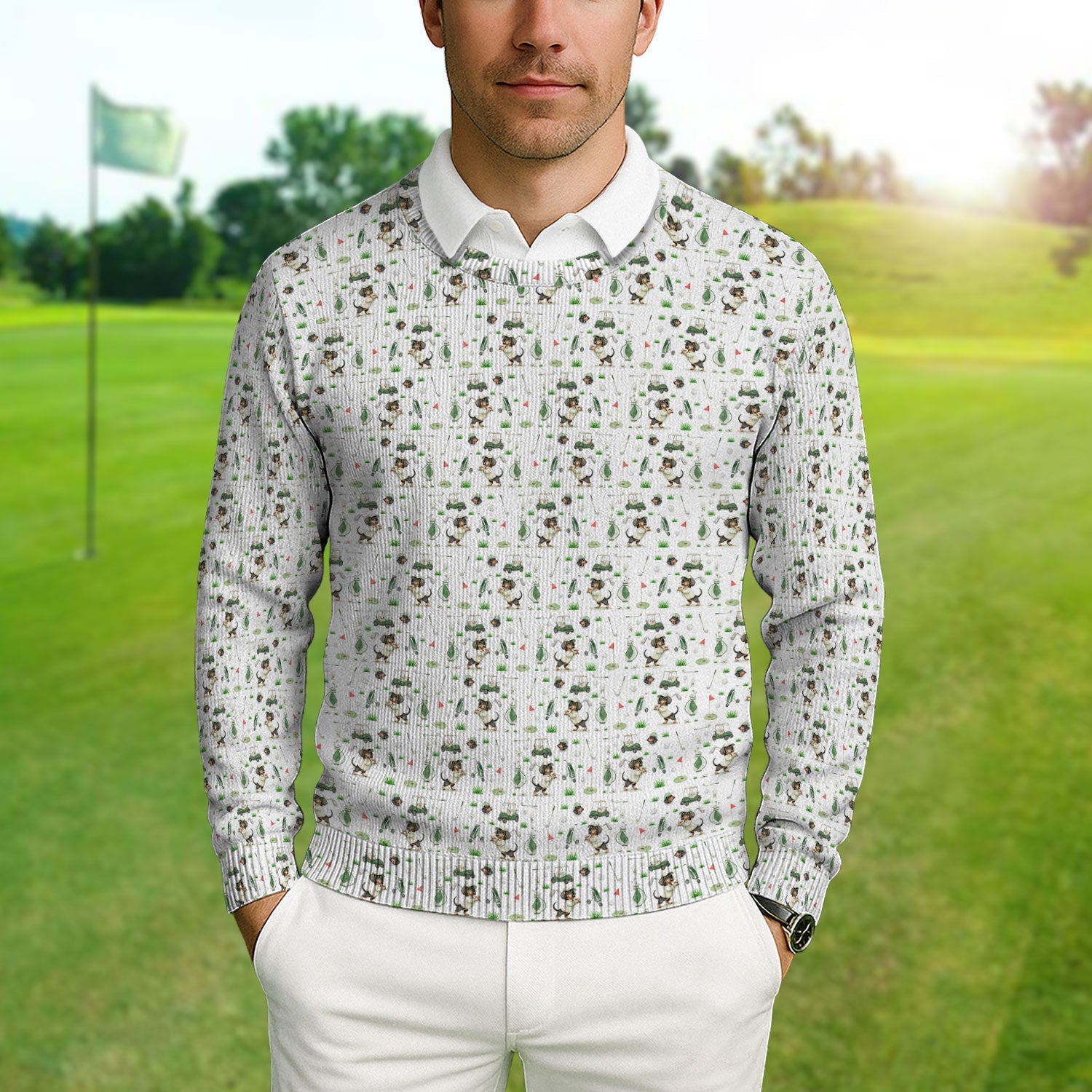Funny Wiener Dog Golf Ugly Sweater, Dachshund Pattern Golf Sweater, Crazy Golf Gift For Men