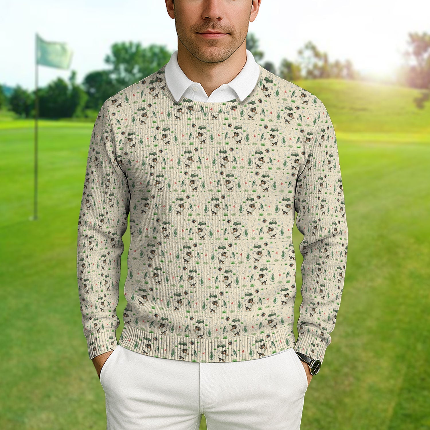 Funny Wiener Dog Golf Ugly Sweater, Dachshund Pattern Golf Sweater, Crazy Golf Gift For Men