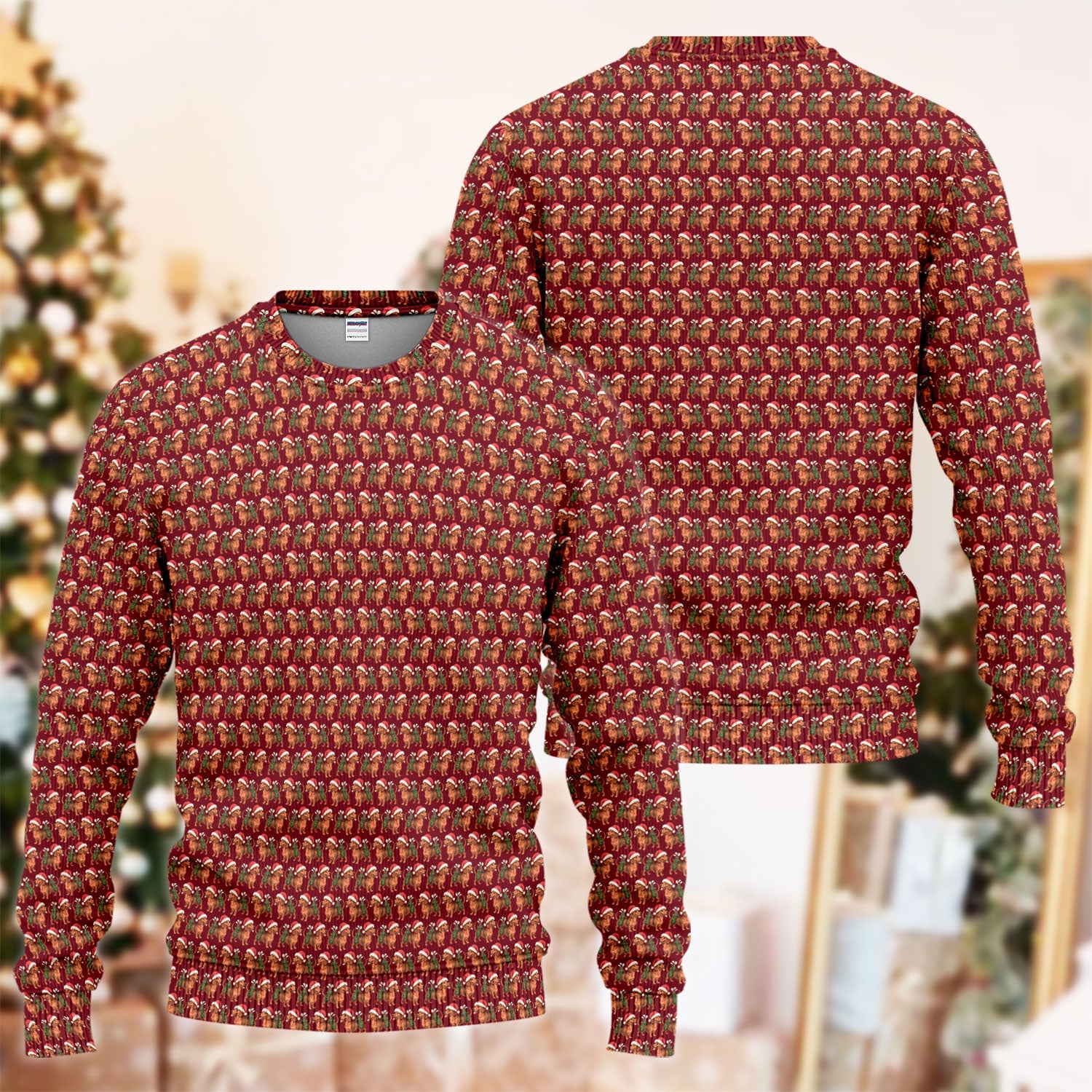 Funny Christmas Dachshund Ugly Sweater, Wiener Dog Pattern Xmas Sweater, Holiday Golf Gift For Men