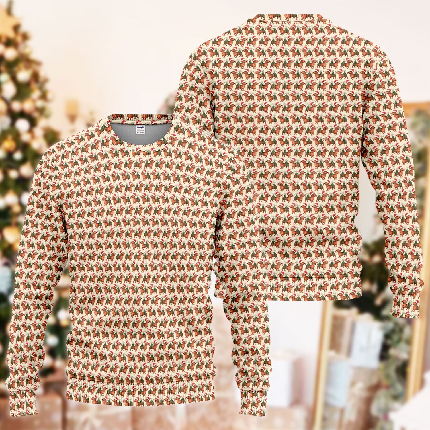 Funny Christmas Dachshund Ugly Sweater, Wiener Dog Pattern Xmas Sweater, Holiday Golf Gift For Men