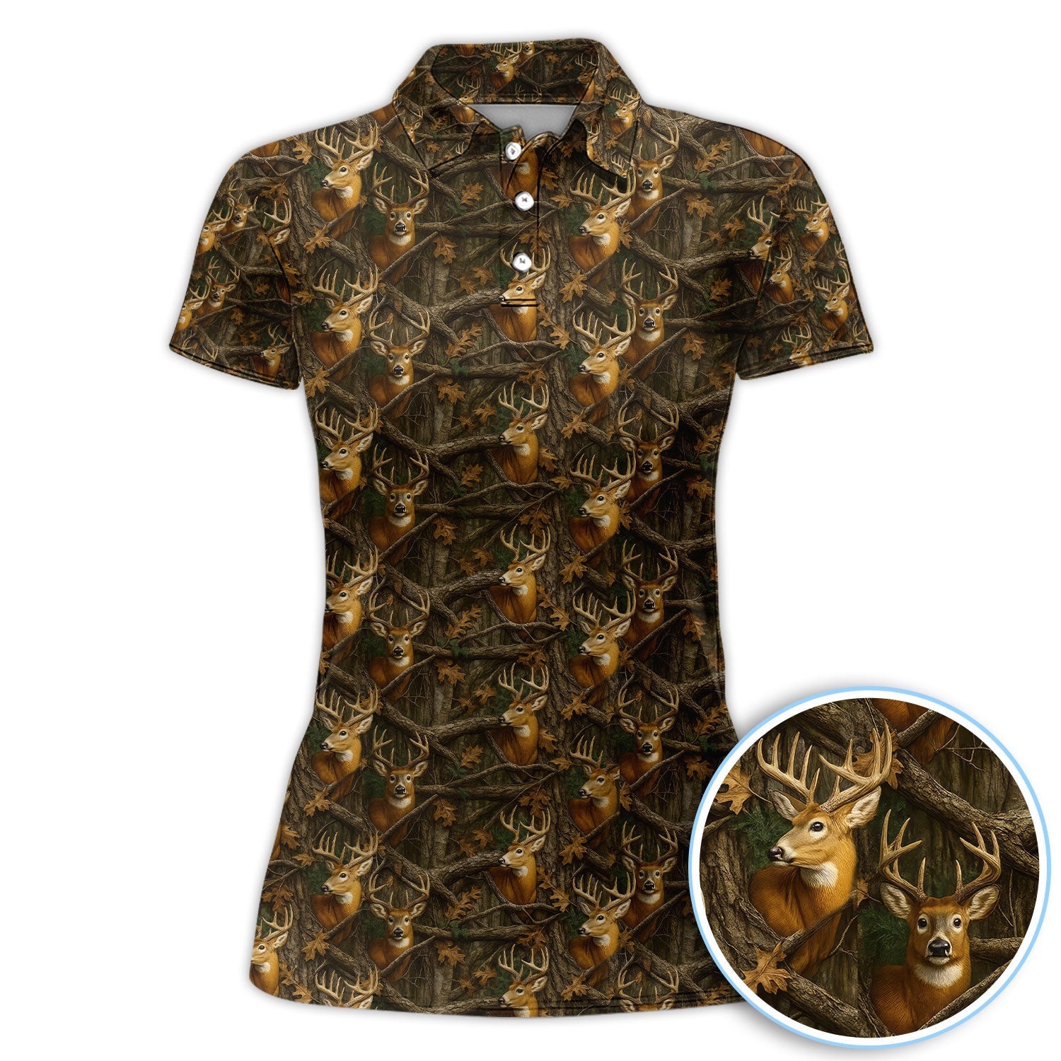 Deer Pattern Polos For Golfer, Realistic Camo Shirt, Crazy Golf Shirt For Men