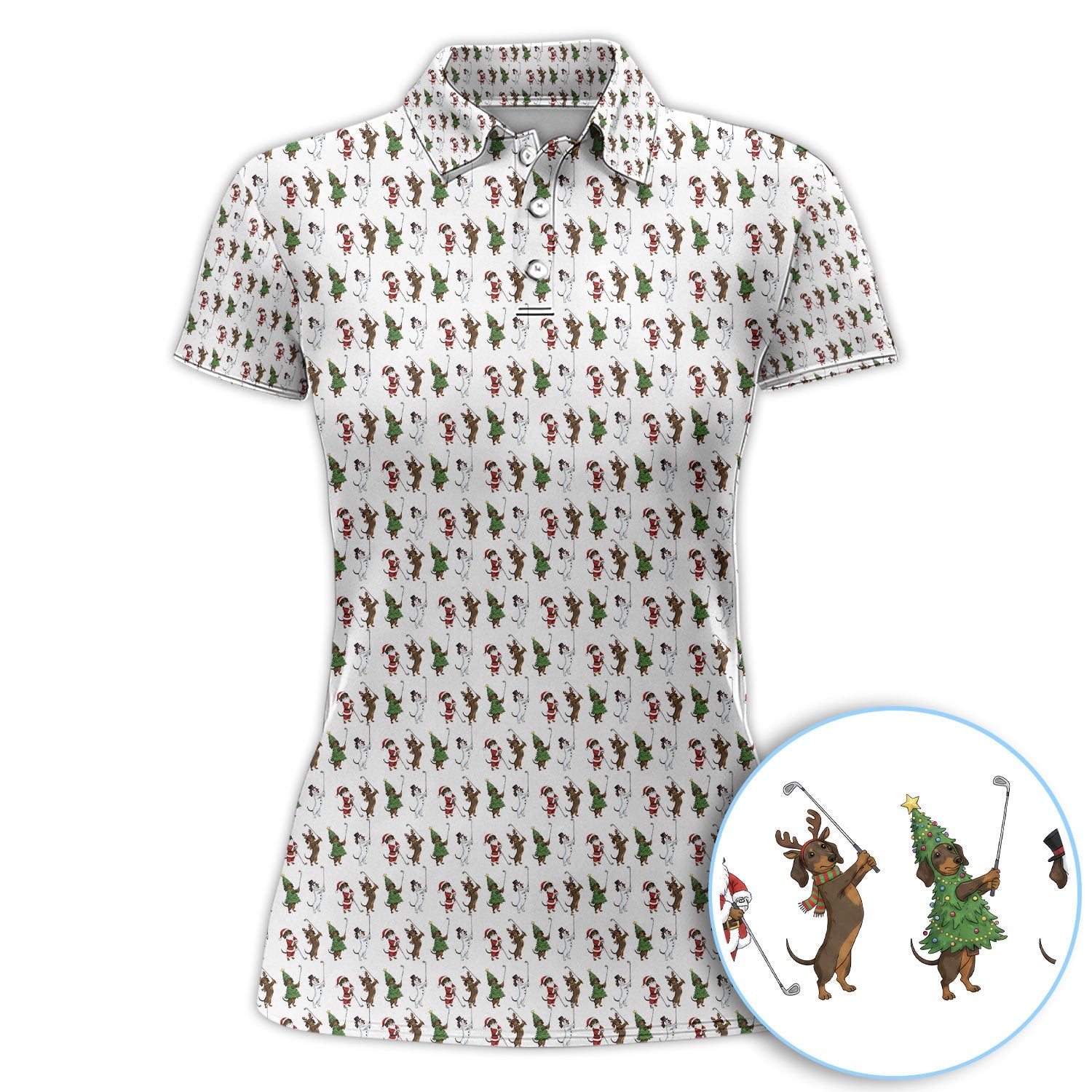 Dachshund Christmas Golf Polos, Funny Wiener Dog Golf Pattern Shirt For Golfer, Golf Gift For Men