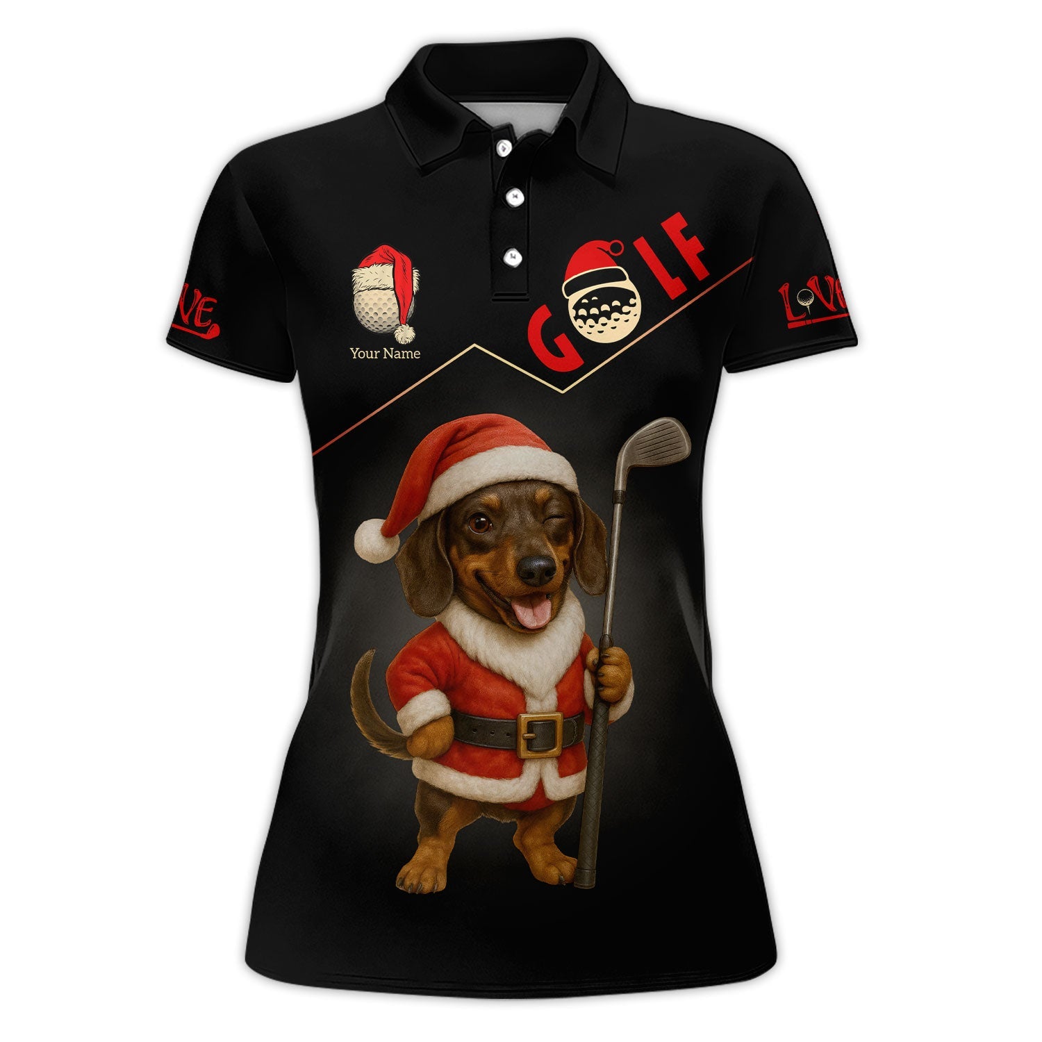 Personalized Dachshund Santa Golf Polos, Custom Name Christmas Golf Shirt, Golf Gift For Dog Lover