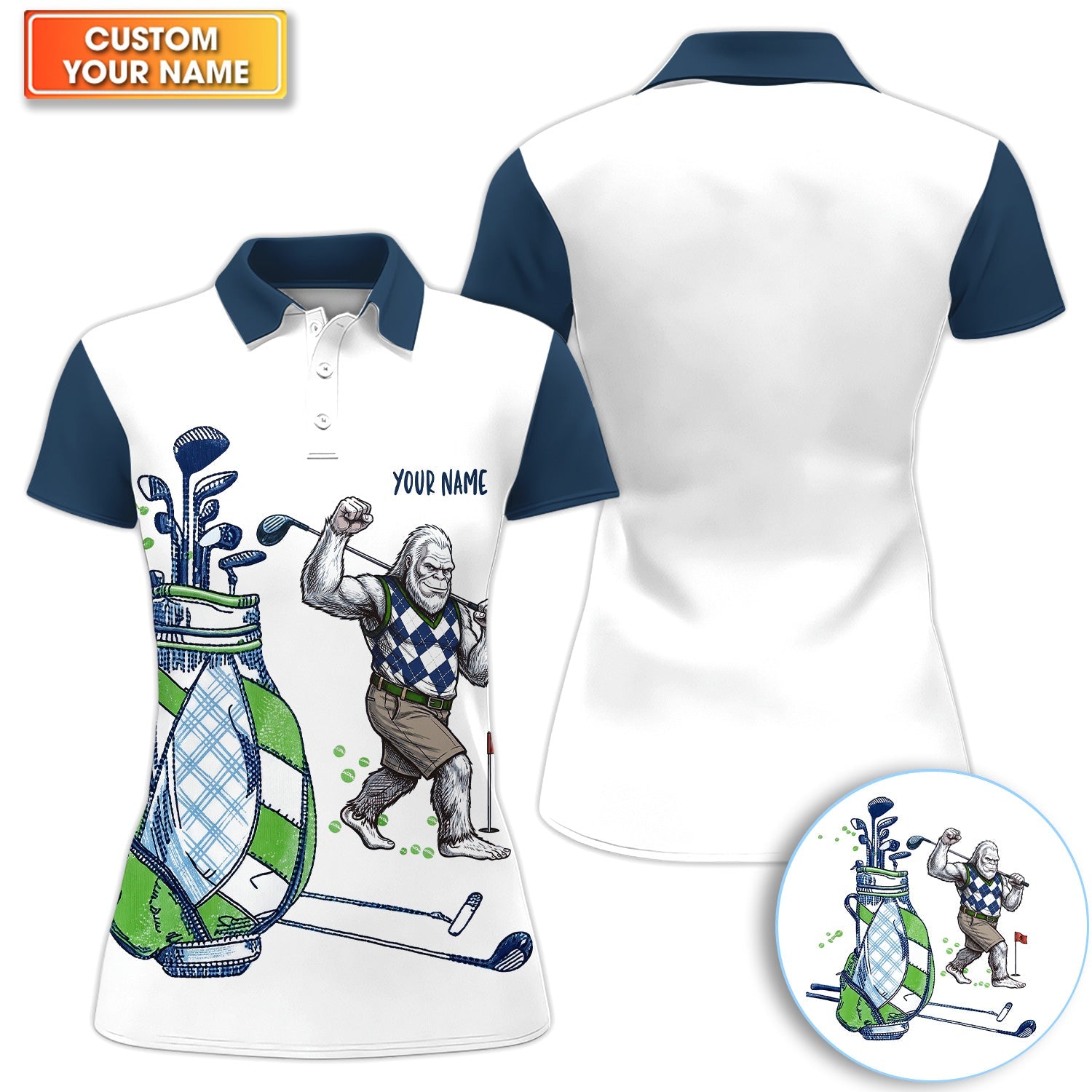 Custom Name Gorilla Golf Polo Shirt, Funny Bigfoot Golfer Shirt Pattern For Men, Unique Sasquatch Golf Outfit