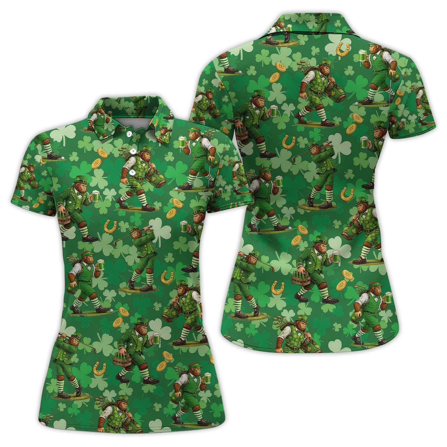 St. Patrick’s Day Bigfoot Leprechaun Golf Polos, Funny Irish Green Golf Shirt For Golfer, Golf Gift For Men