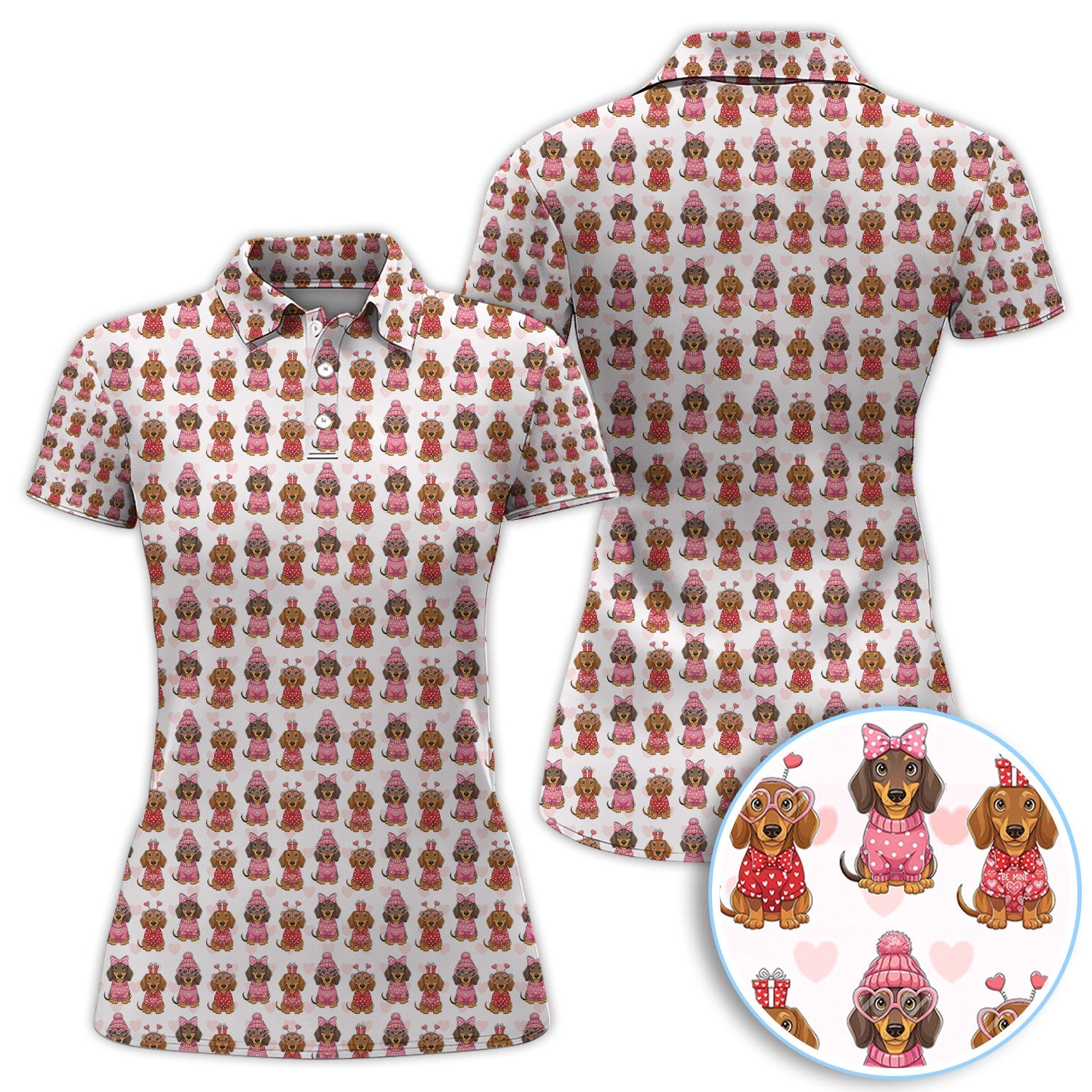 Valentine Dachshund Pattern Golf Polos, Wiener Dog Golf Shirt For Men, Crazy Golf Gift For Golfer