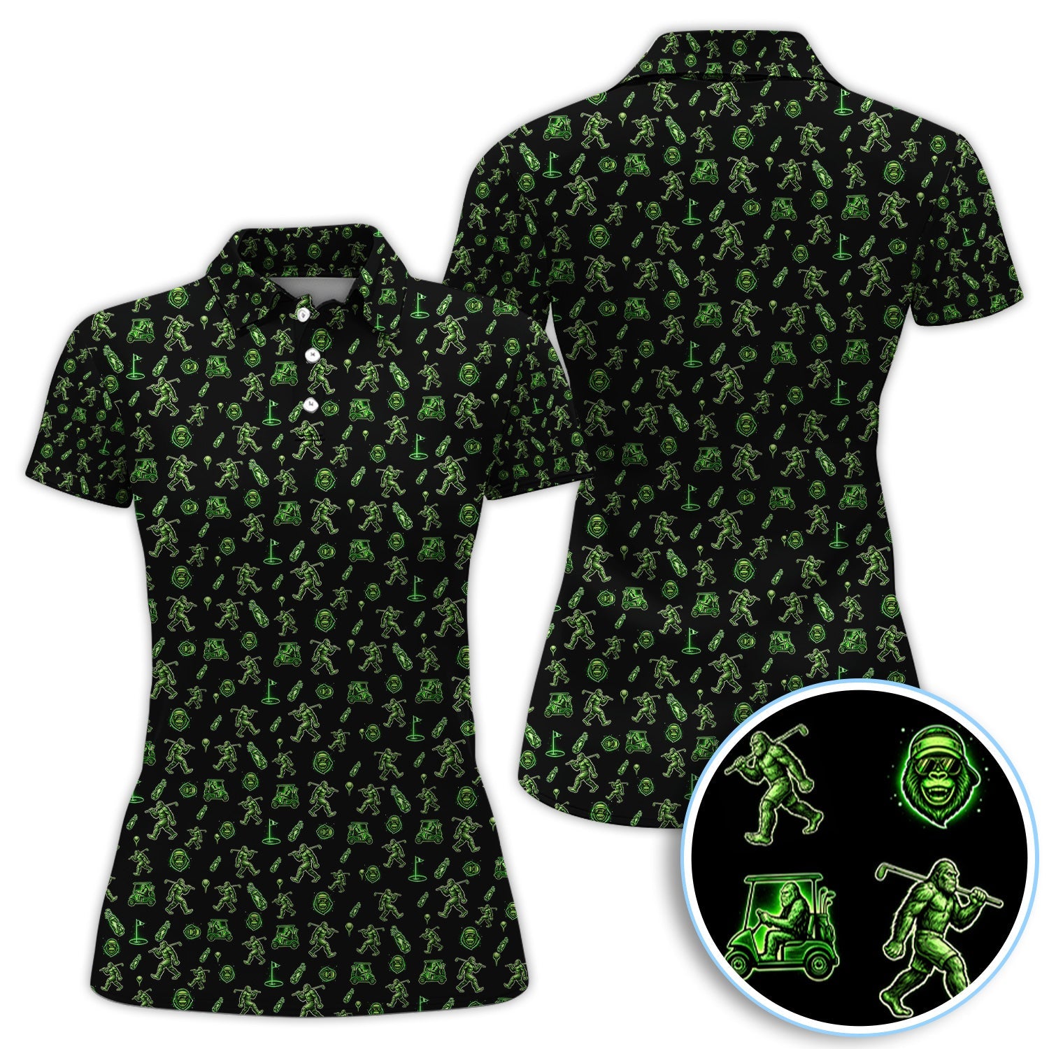 Sasquatch Neon Green Golf Pattern Shirt, Funny Bigfoot Golf Polos For Men, Golf Gift For Golfer