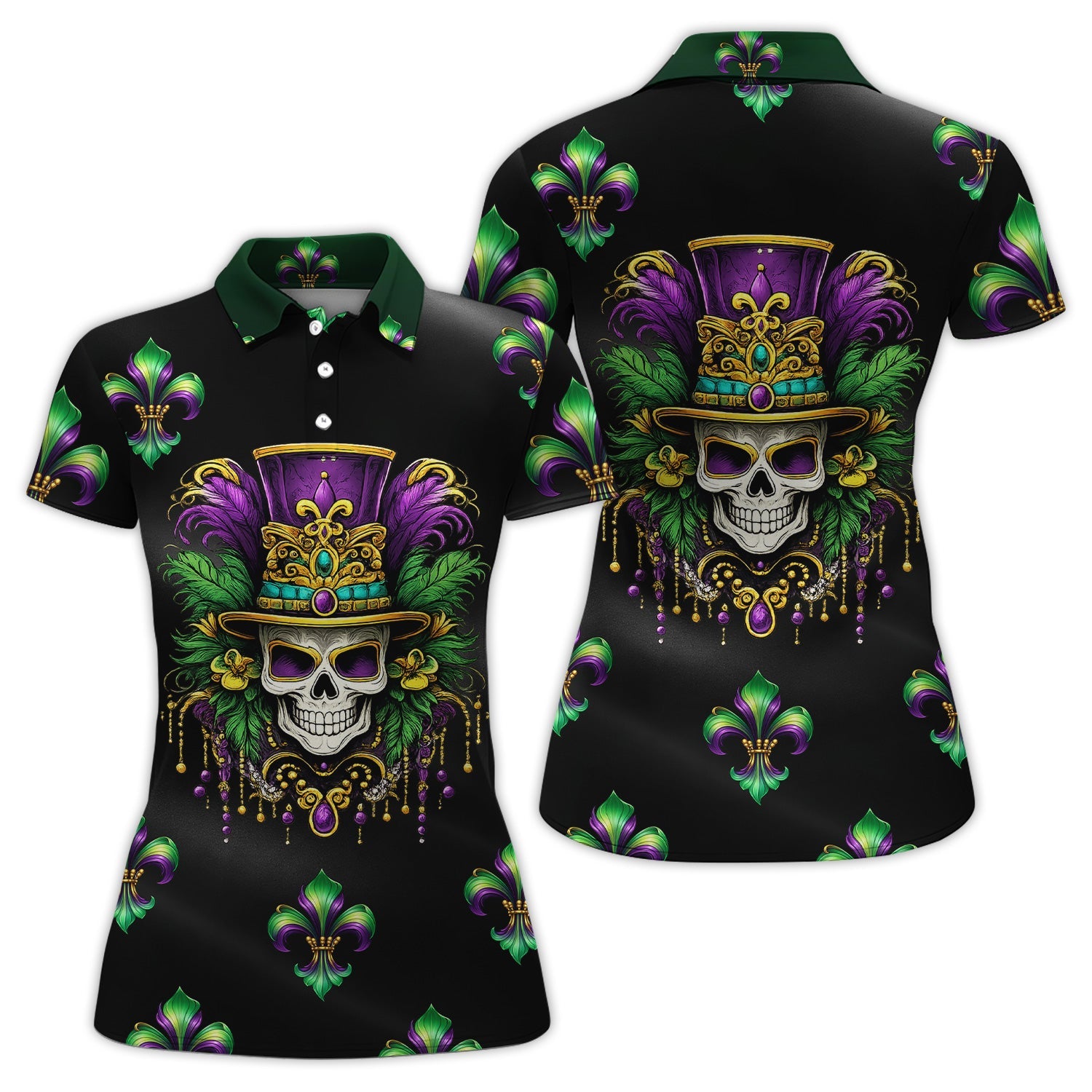 Mardi Gras Mask Skull Pattern Golf Shirt, Carnival Golf Polos For Men, Golf Gift For Golfer