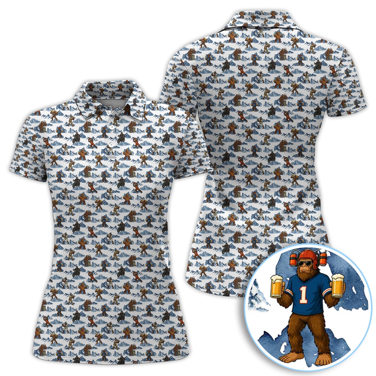 Bigfoot Pattern Golf Shirt, Sasquatch And Beer Golf Shirt For Men, Gift For Golfer