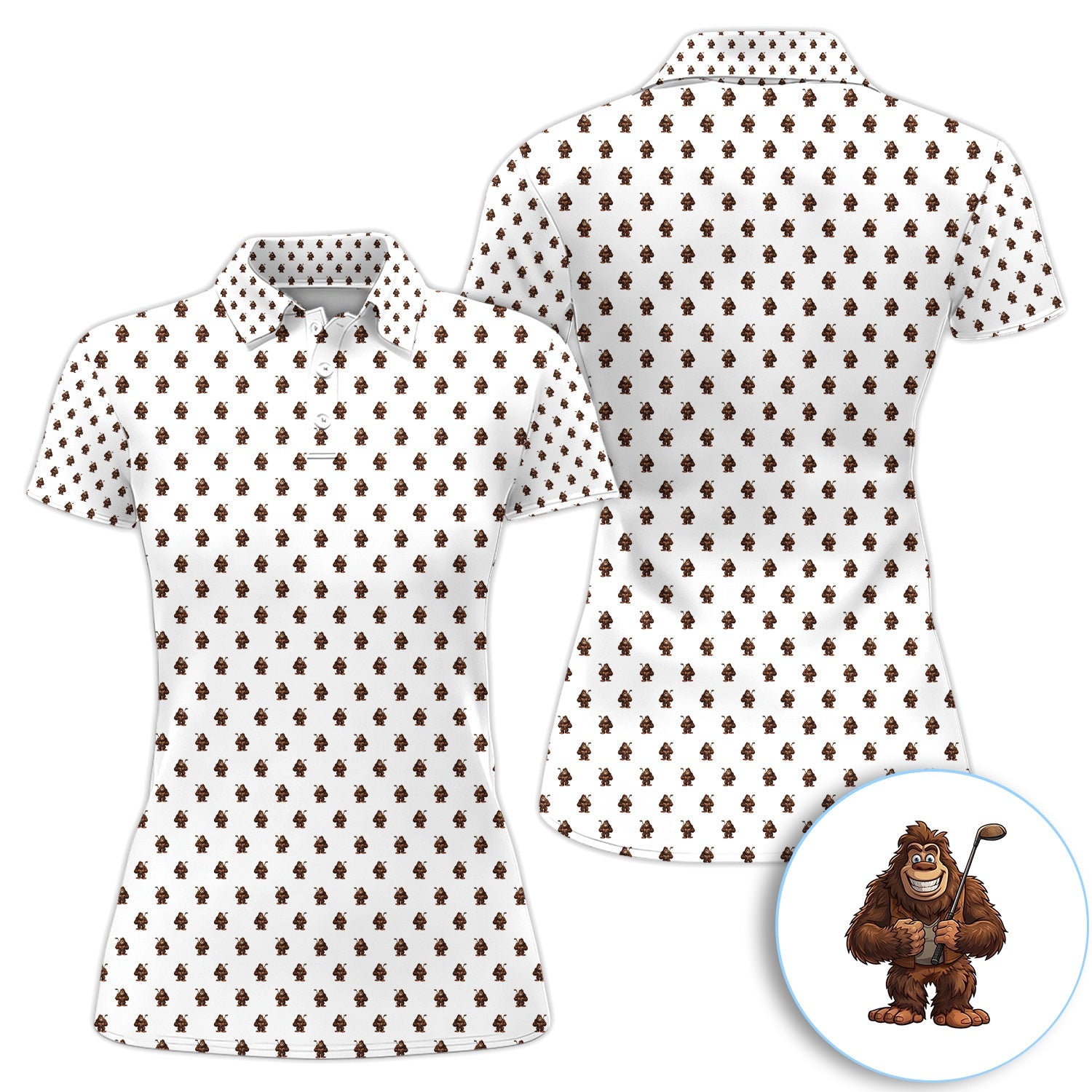 Funny Bigfoot Cartoon Pattern Golf Shirt, Cute Sasquatch Golfer Polo Shirt For Men, Golfer Gift
