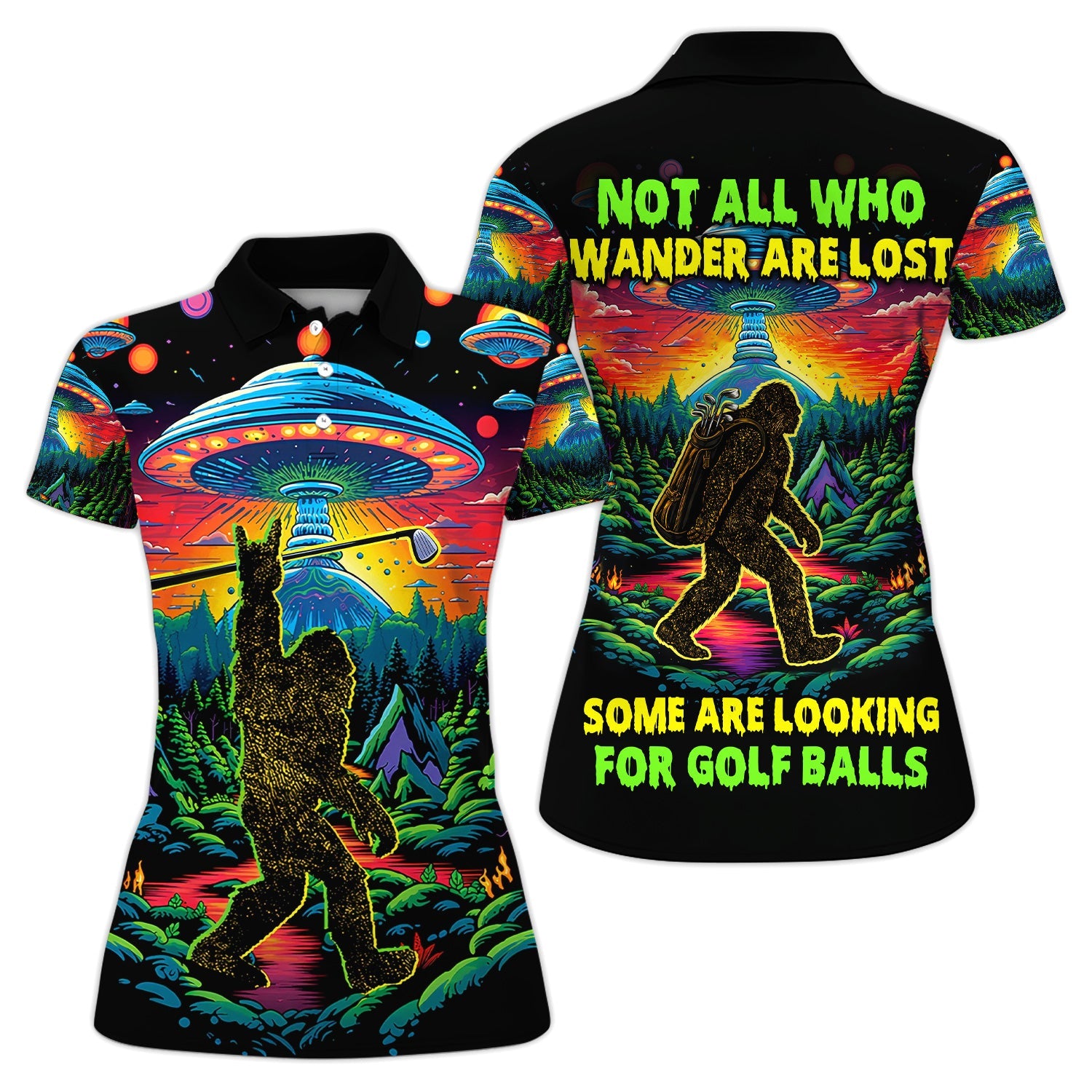 Psychedelic Bigfoot UFO Golf Pattern Shirt, Alien Bigfoot Golf Shirt For Men, Funny Golfer Gift