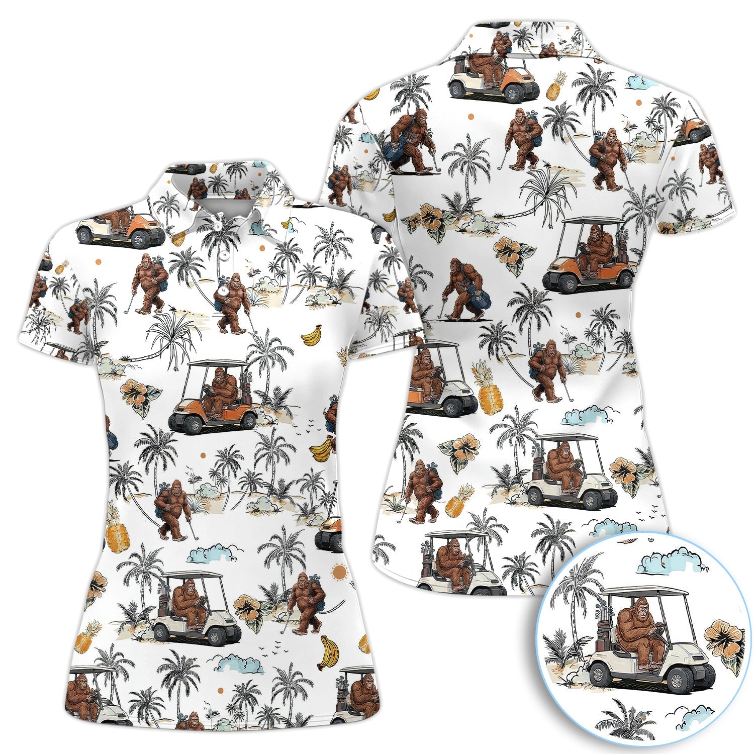 Funny Bigfoot Golf Cart Tropical Pattern Golf Shirt, Sasquatch Golfer Palm Golf Shirt For Men, Golfer Gift