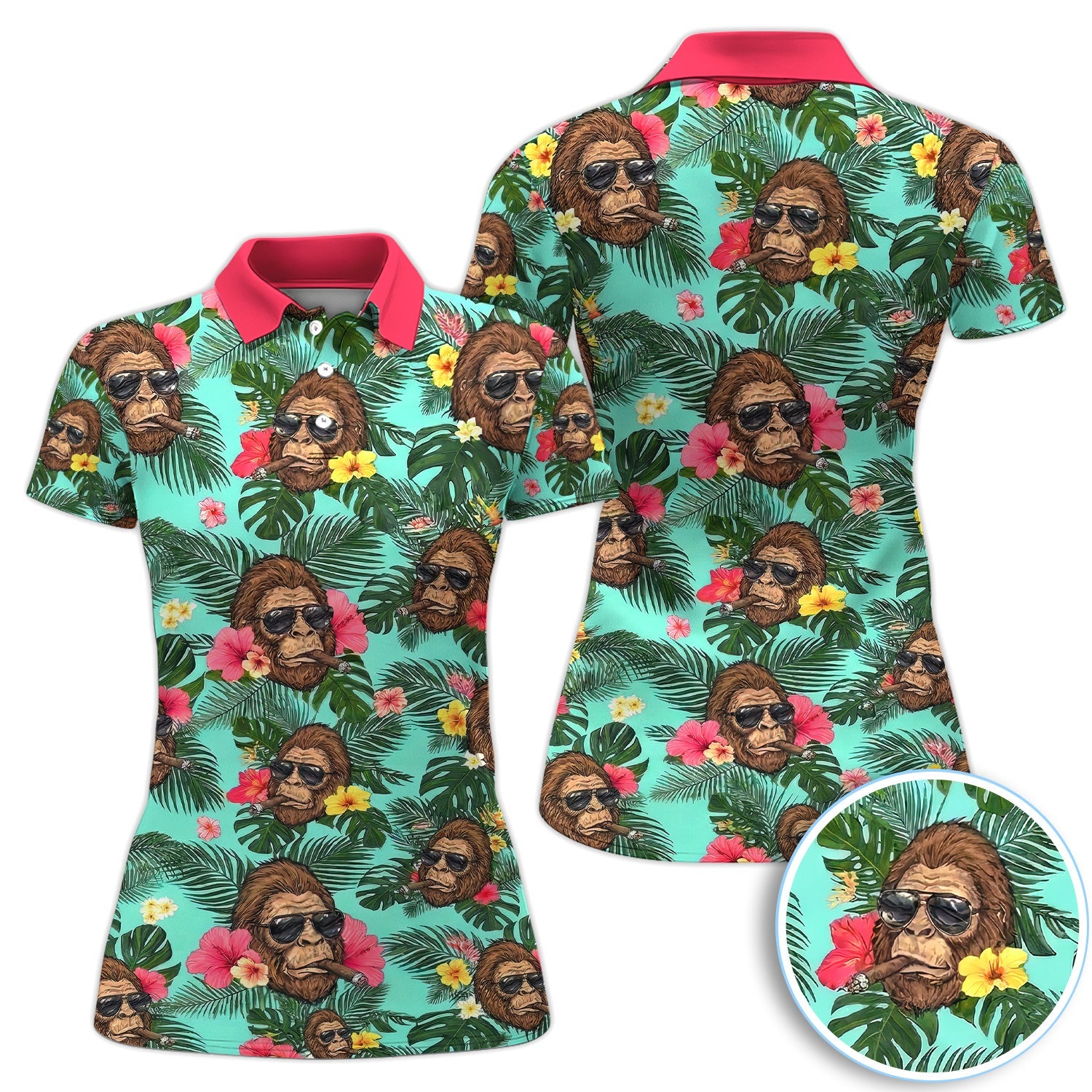 Funny Bigfoot Hawaiian Golf Polo Shirt, Smoking Sasquatch Tropical Aloha Shirt for Men