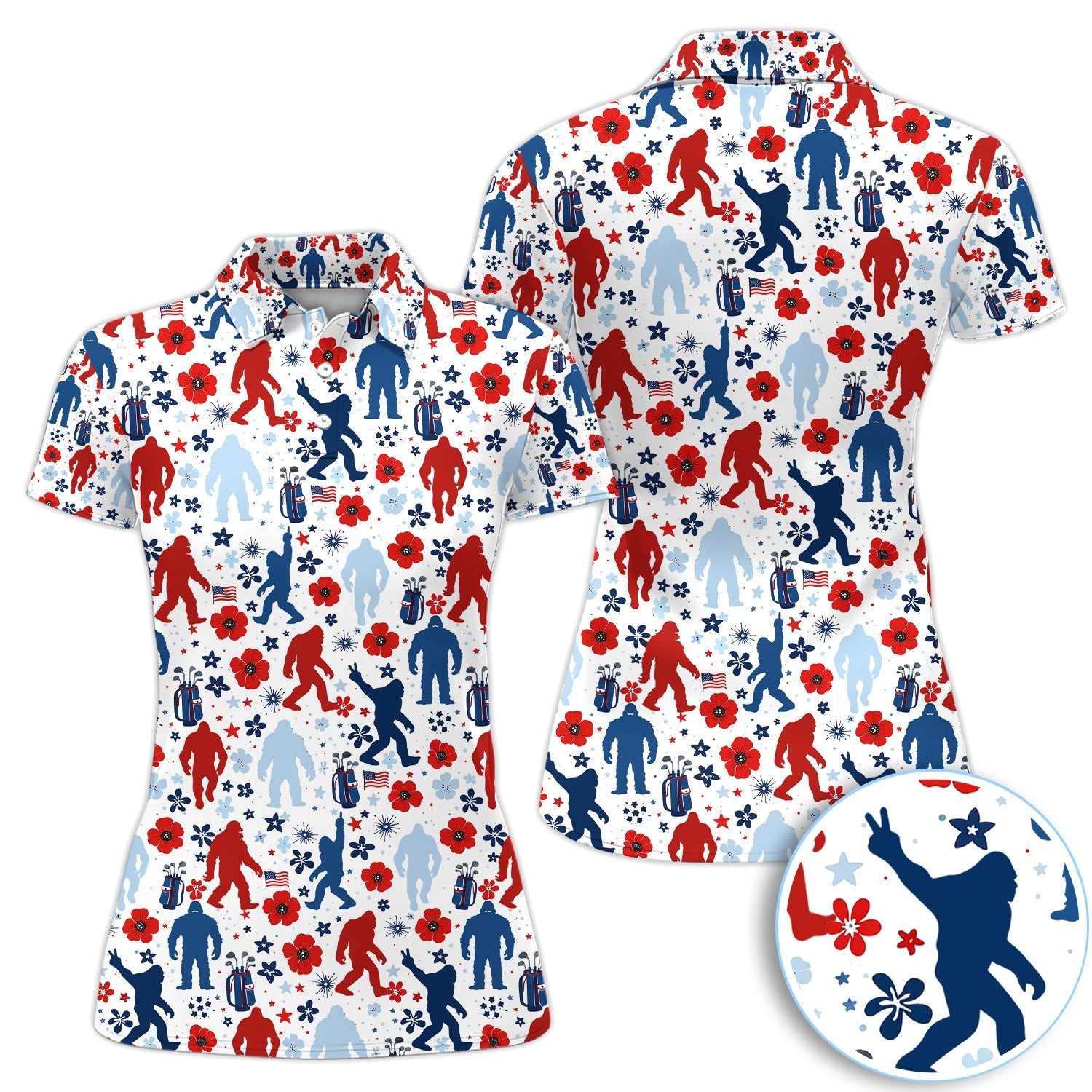 Patriotic Bigfoot Golf Polo Shirt For Men, USA Flag Red Blue White Sasquatch Pattern Golf Shirt