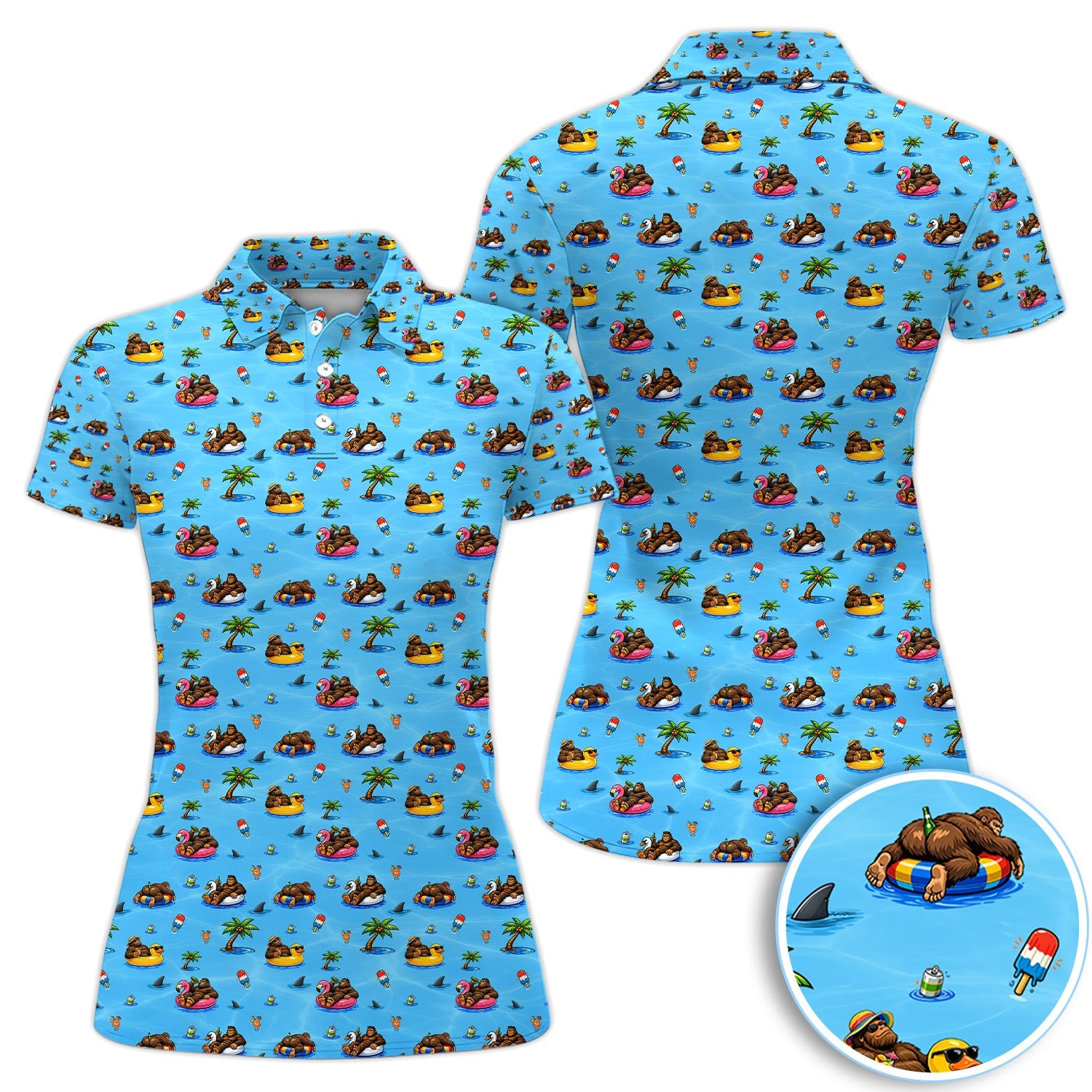 Funny Summer Bigfoot Pool Float Pattern Shirt, Sasquatch Beach Party Golf Polo Shirt For Men, Vacation Golf Gift