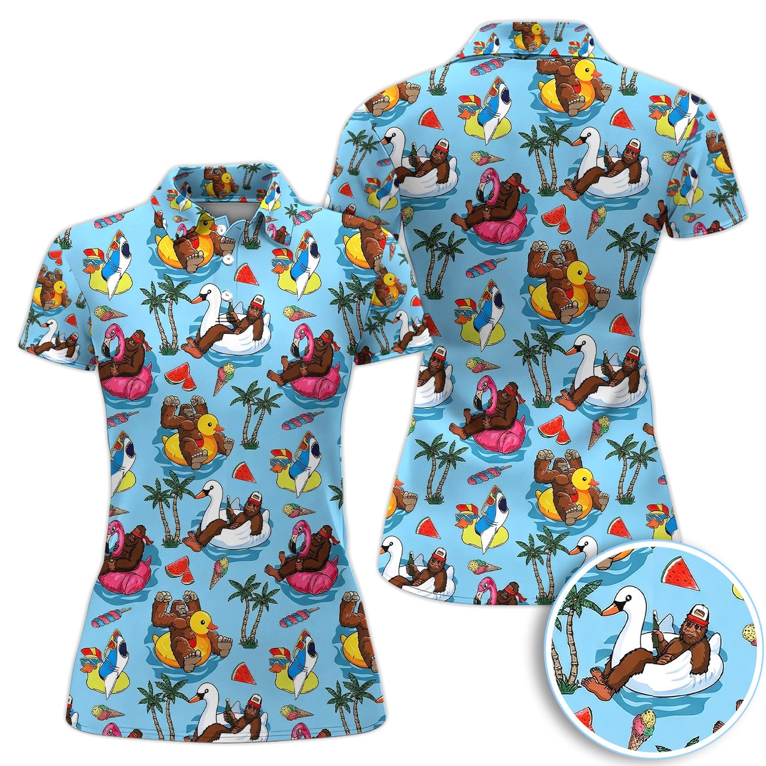 Bigfoot Pool Party Tropical Pattern Golf Shirt, Sasquatch Float Summer Golf Shirt For Men, Golfer Gift