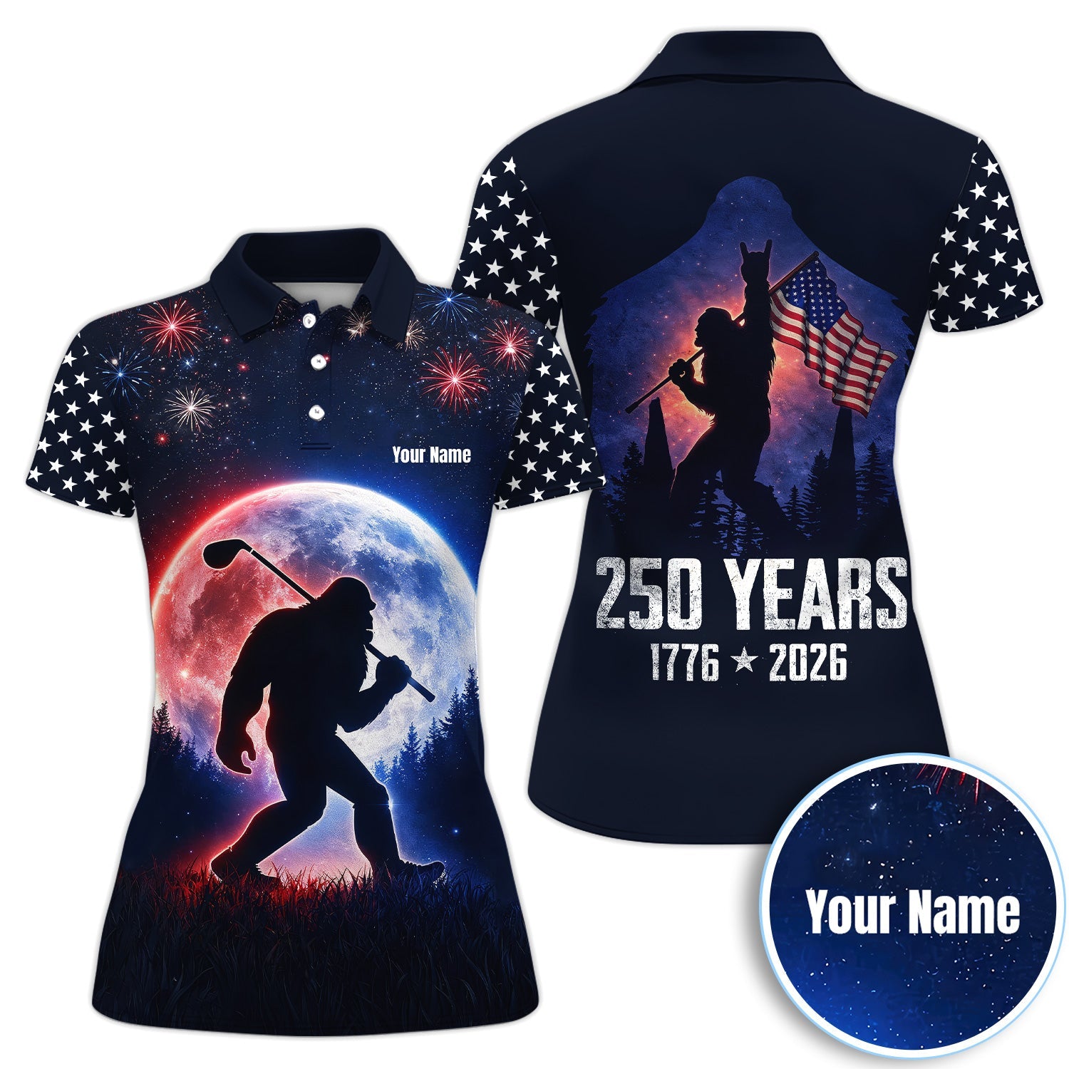 Bigfoot Golfer Patriotic Polo Shirt For Men, Custom Name USA Fireworks Moon Silhouette Sasquatch Golf Shirt