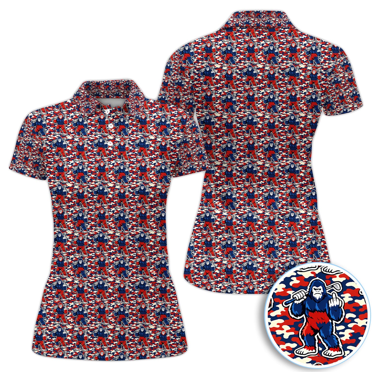 Patriotic Bigfoot Golf Polo Shirt, Red White Blue Camo Sasquatch Pattern Shirt, Funny Golfer Gift For Men
