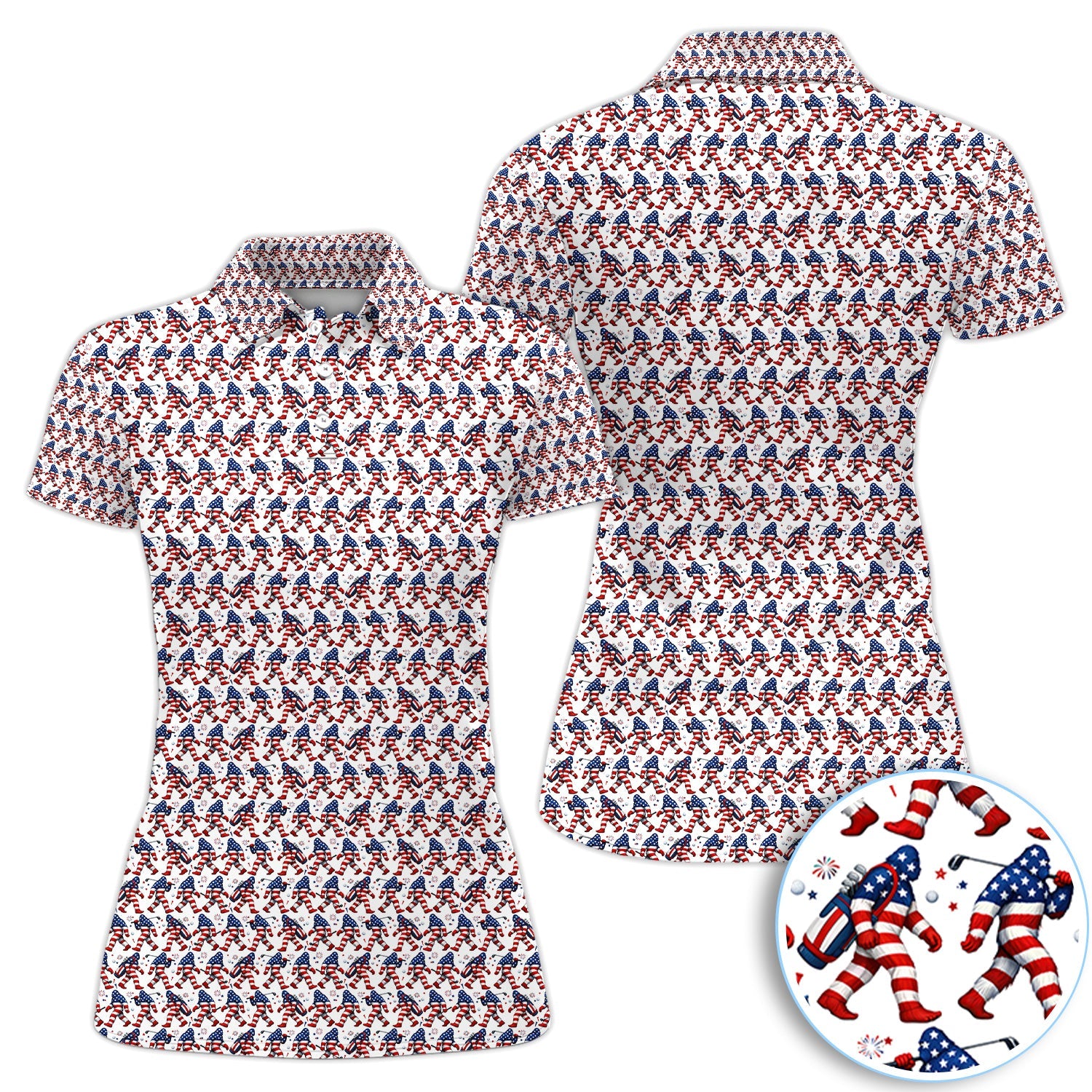 Patriotic Bigfoot Golf Pattern Shirt, American Flag Sasquatch Golf Shirt For Men, 4th Of July Gift