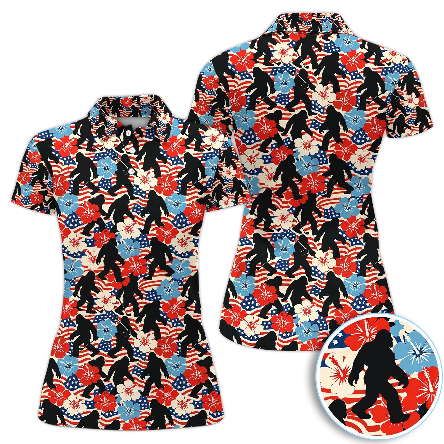 Patriotic Bigfoot USA Flag Floral Golf Pattern Shirt, Sasquatch Golf Shirt For Men, 4th Of July Golfer Gift