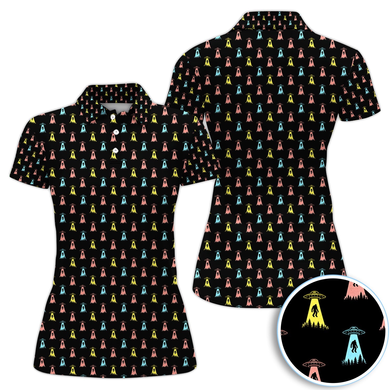 Funny UFO Bigfoot Abduction Pattern Shirt, Alien Sasquatch Golf Polo Shirt For Men, Sci Fi Golf Gift