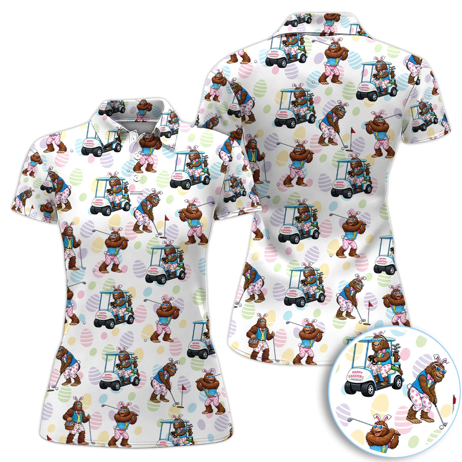 Funny Easter Bigfoot Golf Polo Shirt, Bunny Sasquatch Golfer Shirt, Unique Golf Gift for Men
