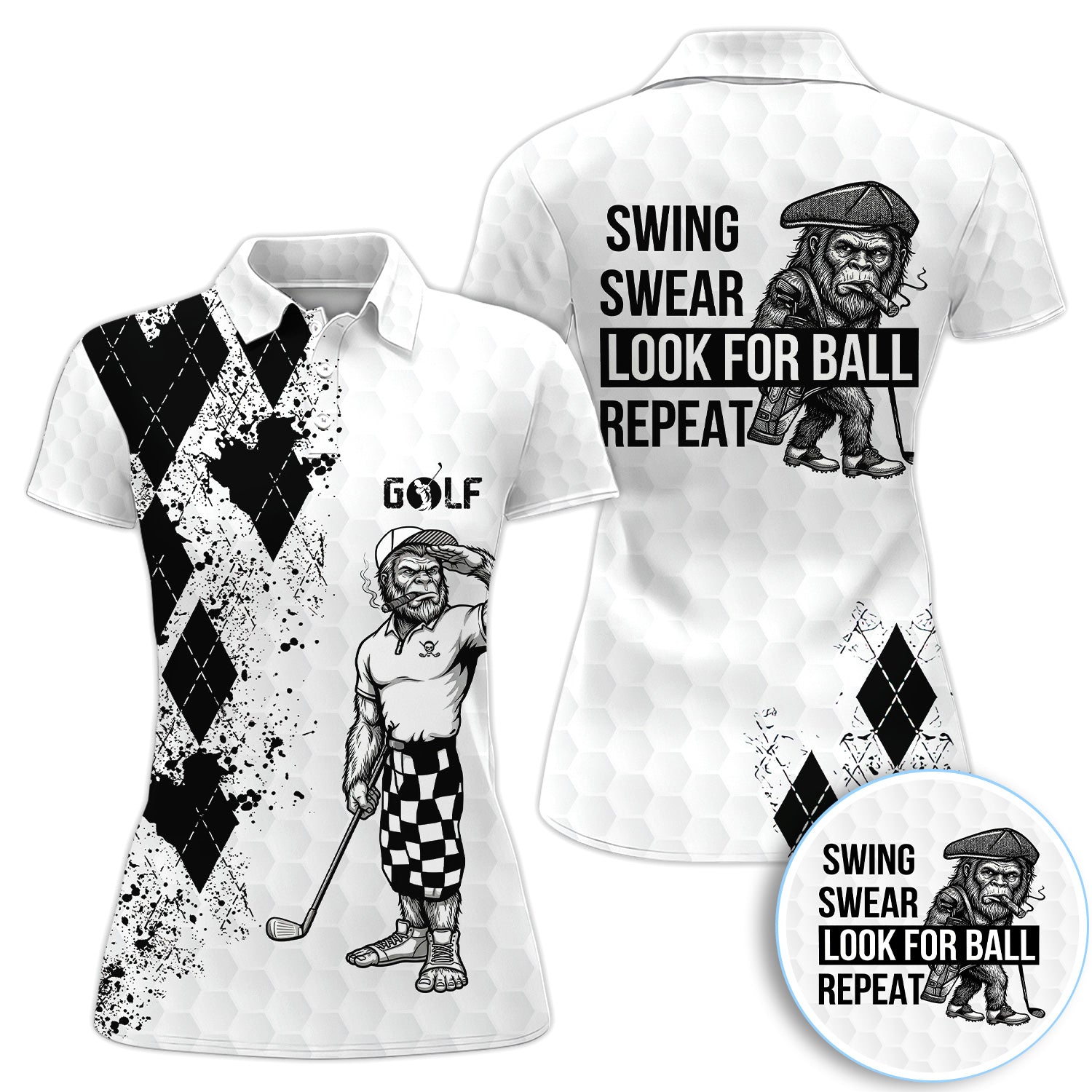 Funny Bigfoot Golfer Polo Shirt, Swing Swear Repeat Graphic Polo For Men, Unique Sasquatch Golf Outfit