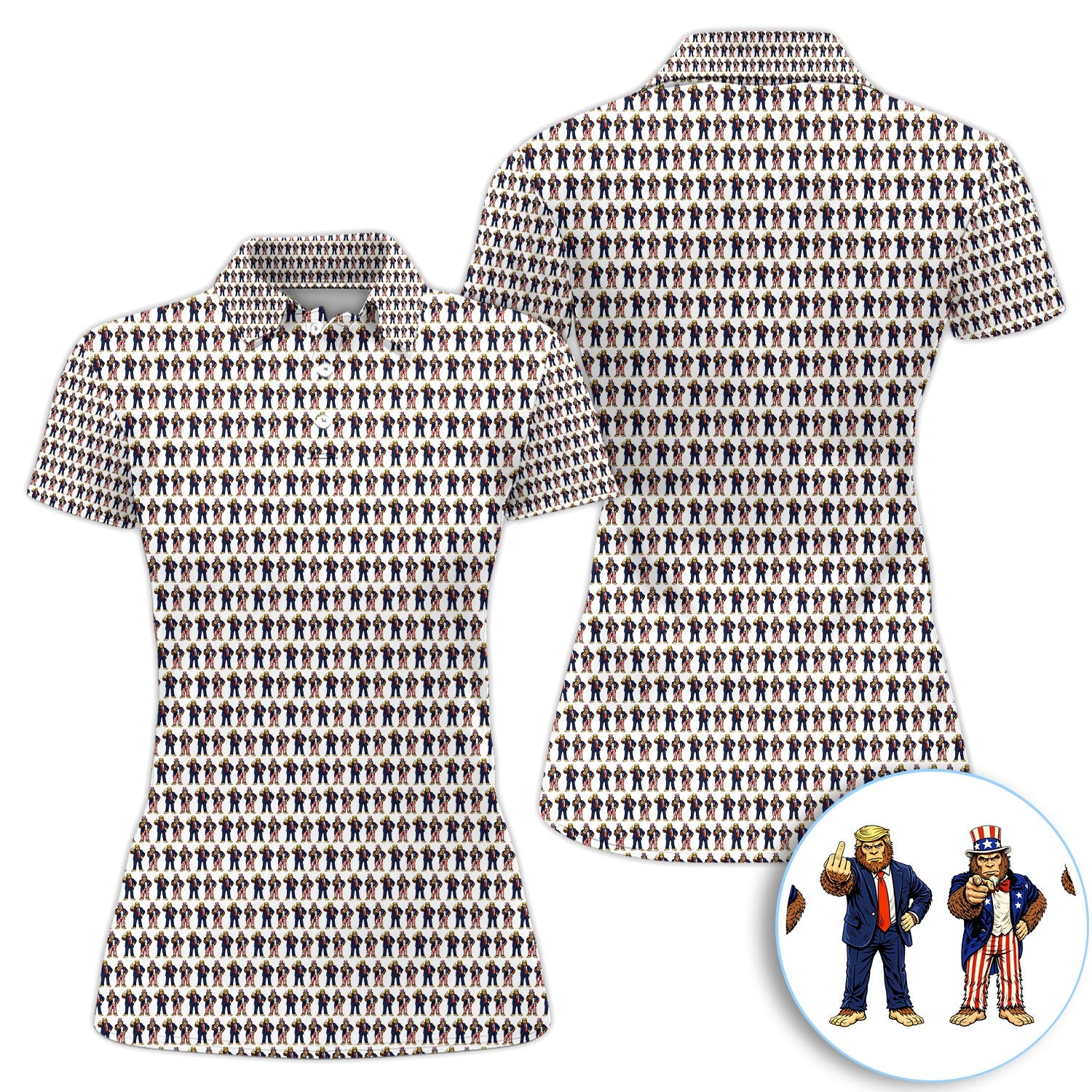Funny Patriotic Bigfoot Polo Shirt, Trump & Uncle Sam Sasquatch Pattern Shirt, 4th of July Golf Gift For Men