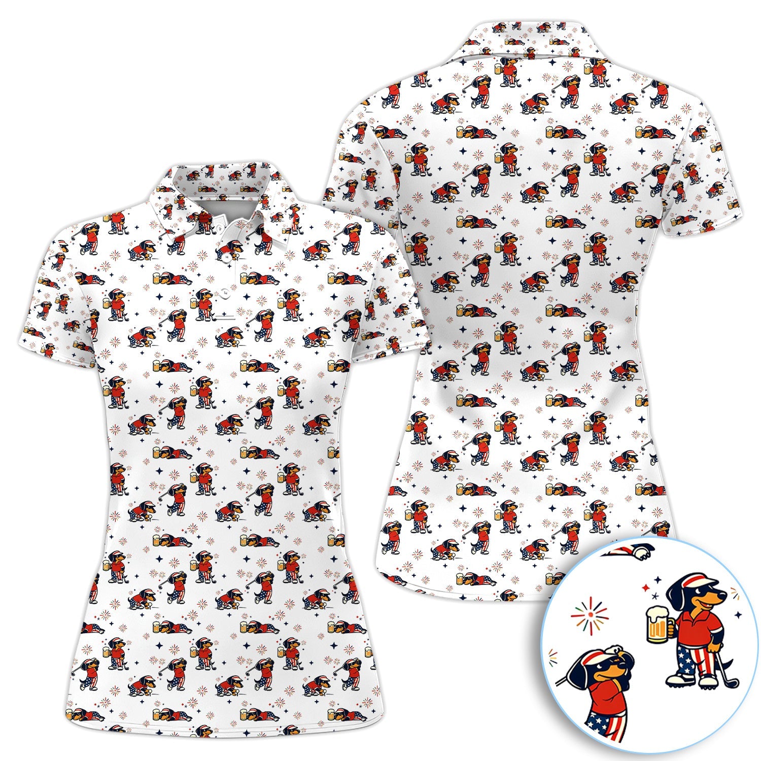 Funny Patriotic Golf Dog Polo Shirt, USA Dachshund Beer & Fireworks Pattern Shirt, 4th of July Golfer Gift For Women