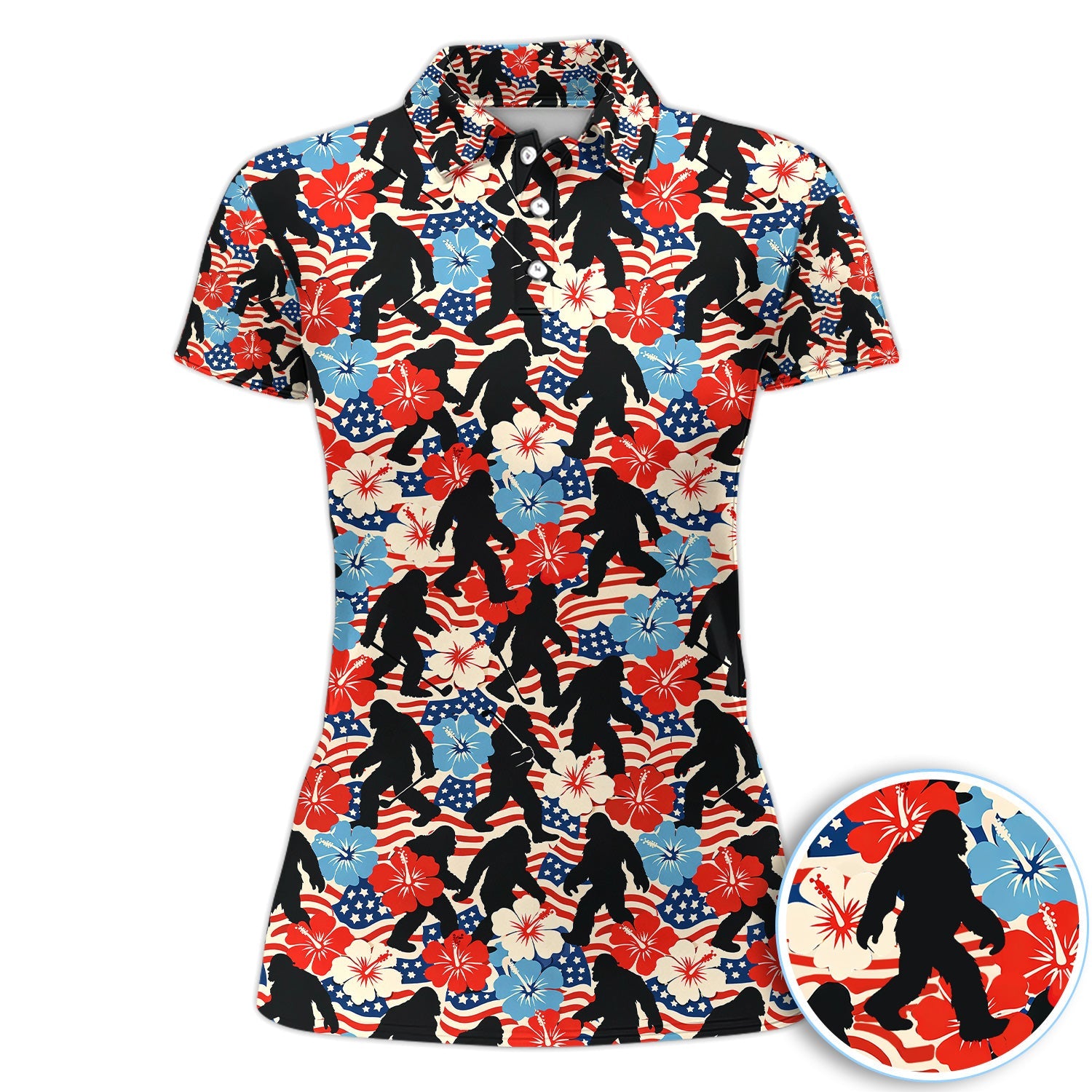 Patriotic Bigfoot USA Flag Floral Golf Pattern Shirt, Sasquatch Golf Shirt For Men, 4th Of July Golfer Gift