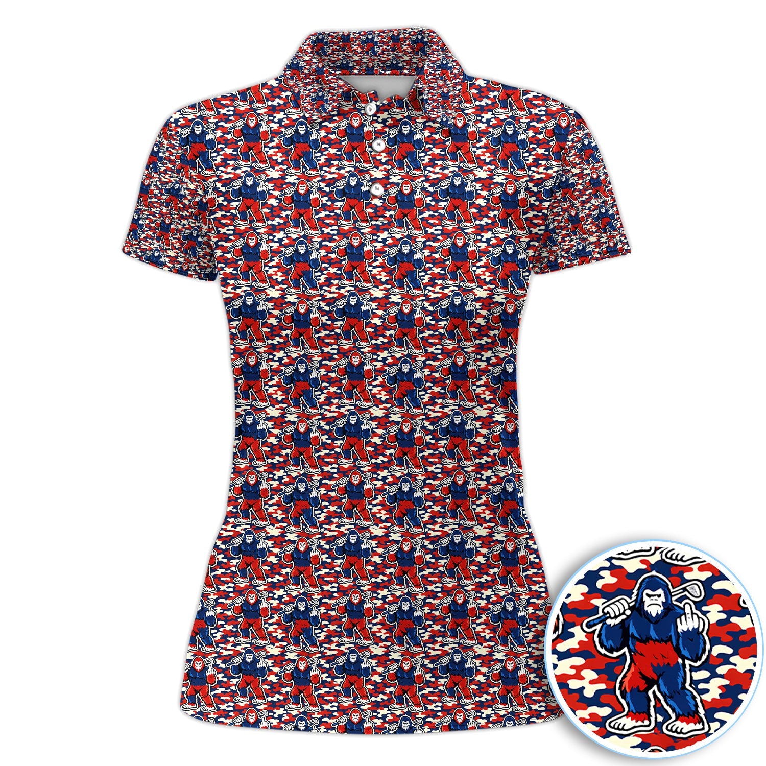Patriotic Bigfoot Golf Polo Shirt, Red White Blue Camo Sasquatch Pattern Shirt, Funny Golfer Gift For Men