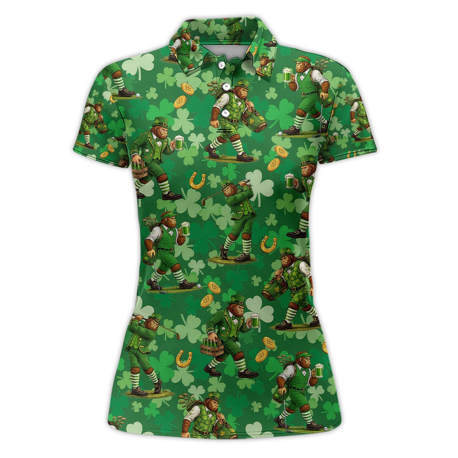 St. Patrick’s Day Bigfoot Leprechaun Golf Polos, Funny Irish Green Golf Shirt For Golfer, Golf Gift For Men