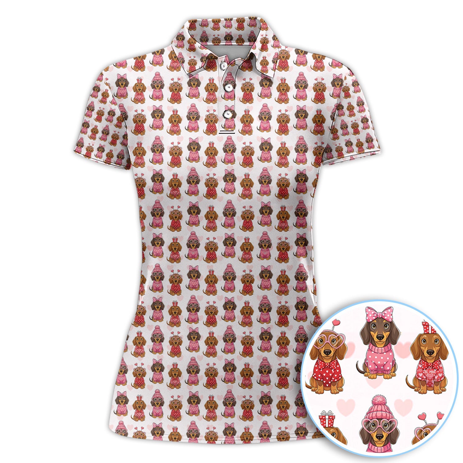 Valentine Dachshund Pattern Golf Polos, Wiener Dog Golf Shirt For Men, Crazy Golf Gift For Golfer