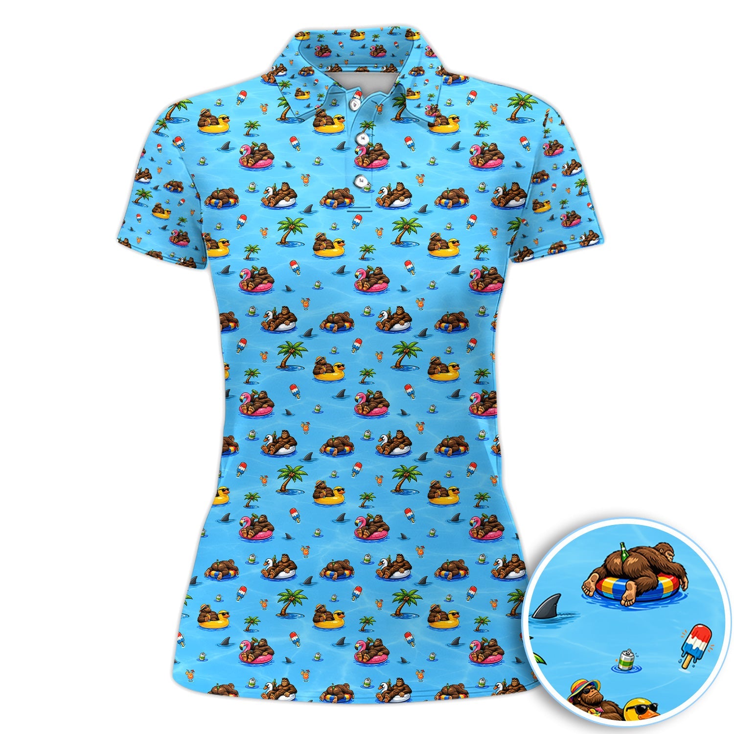 Funny Summer Bigfoot Pool Float Pattern Shirt, Sasquatch Beach Party Golf Polo Shirt For Men, Vacation Golf Gift