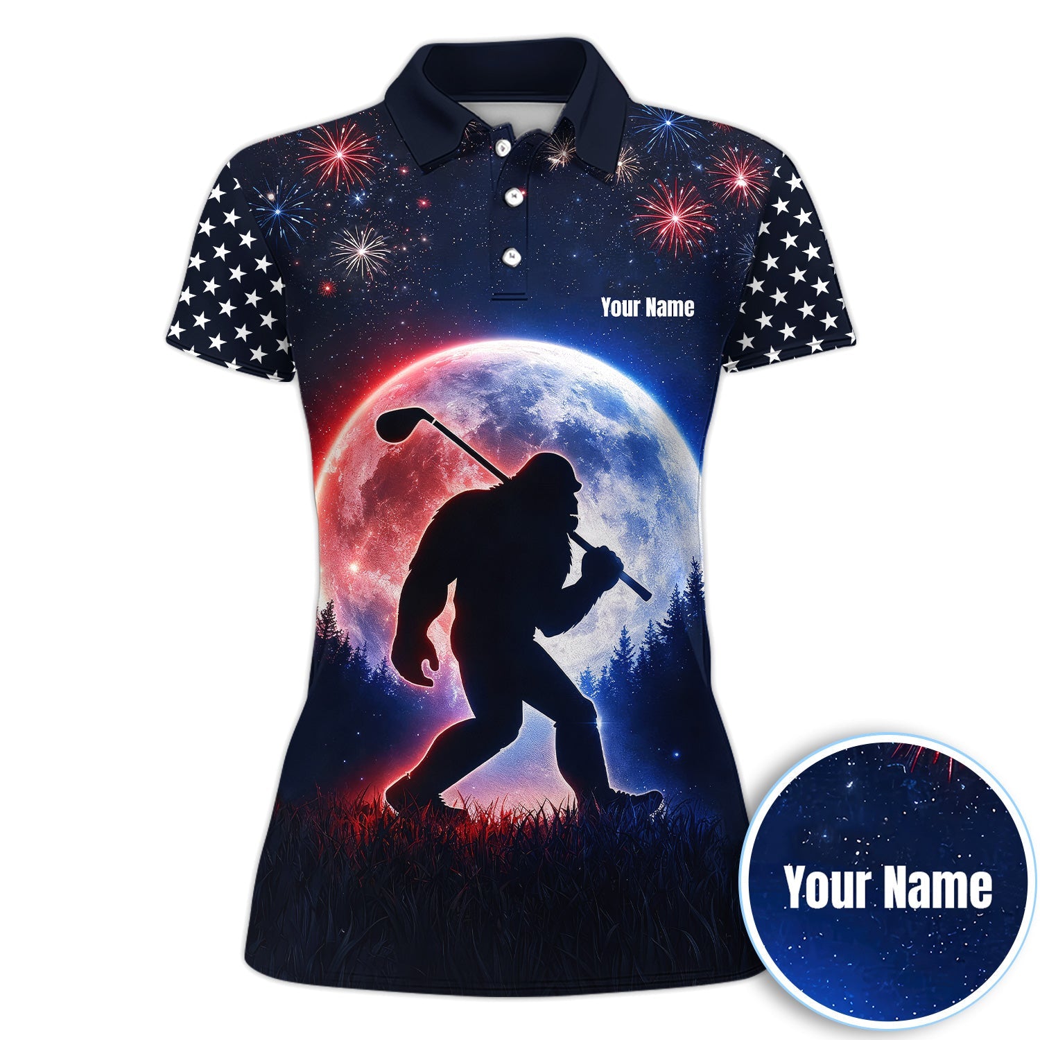 Bigfoot Golfer Patriotic Polo Shirt For Men, Custom Name USA Fireworks Moon Silhouette Sasquatch Golf Shirt