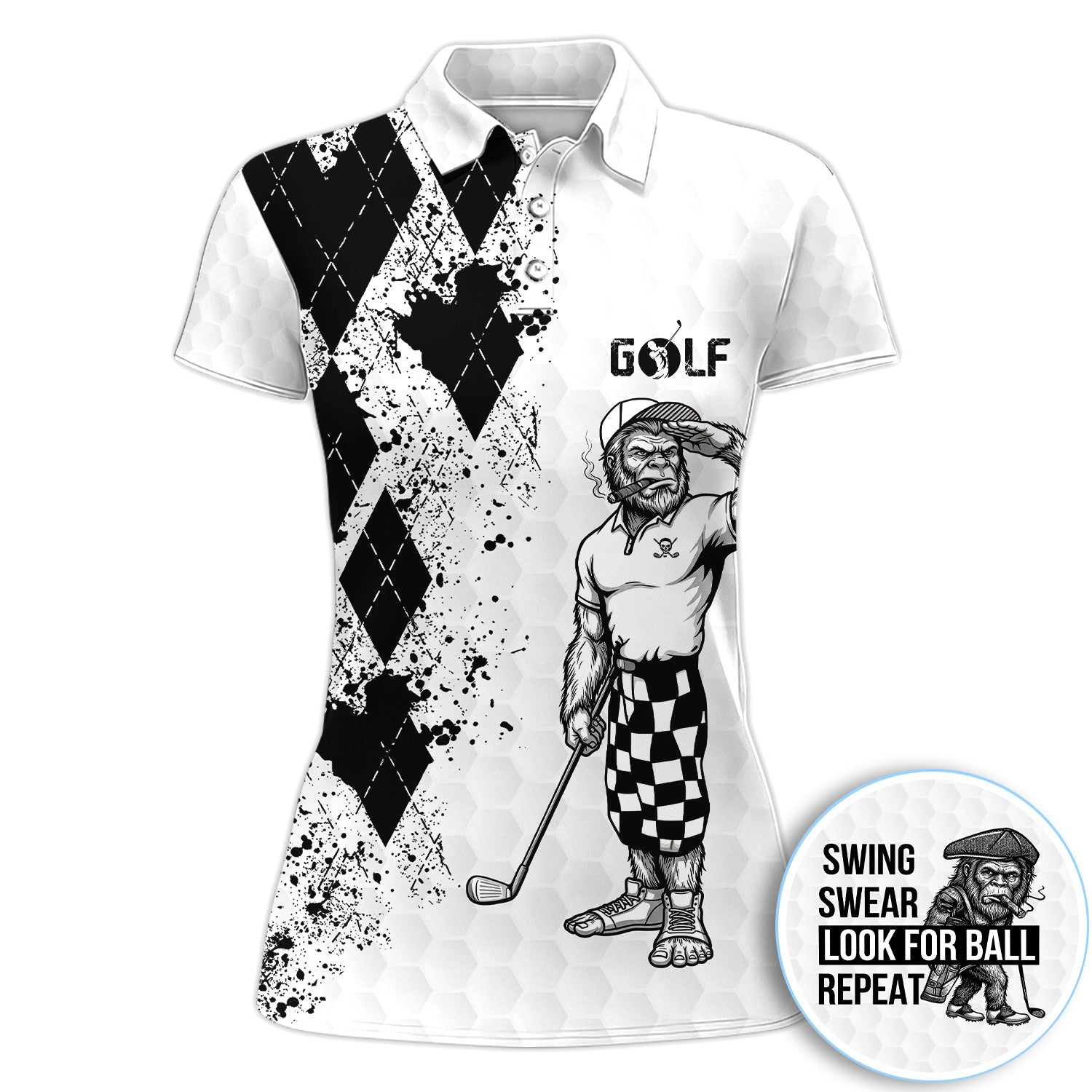 Funny Bigfoot Golfer Polo Shirt, Swing Swear Repeat Graphic Polo For Men, Unique Sasquatch Golf Outfit