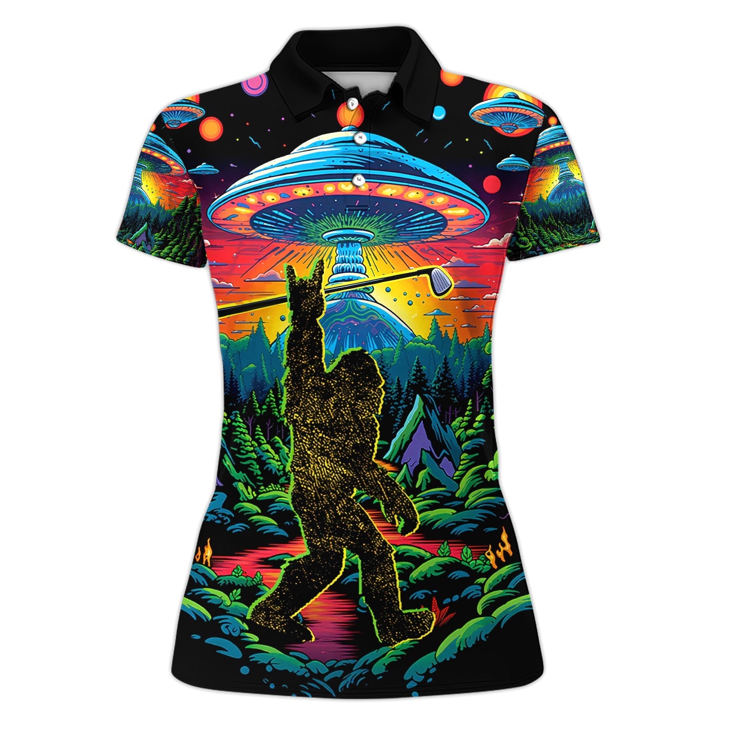 Psychedelic Bigfoot UFO Golf Pattern Shirt, Alien Bigfoot Golf Shirt For Men, Funny Golfer Gift