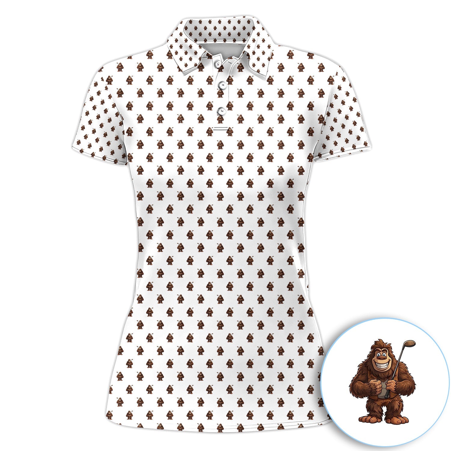 Funny Bigfoot Cartoon Pattern Golf Shirt, Cute Sasquatch Golfer Polo Shirt For Men, Golfer Gift