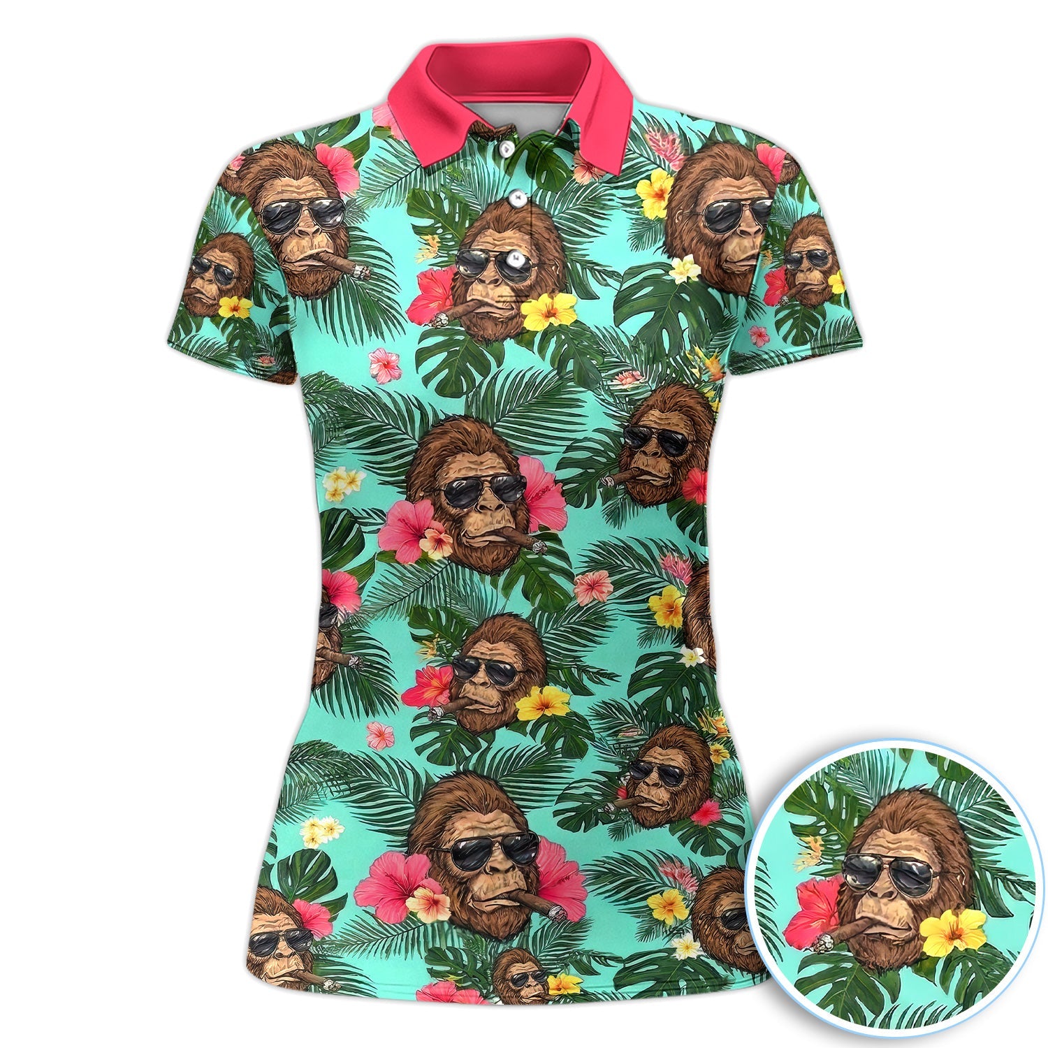 Funny Bigfoot Hawaiian Golf Polo Shirt, Smoking Sasquatch Tropical Aloha Shirt for Men
